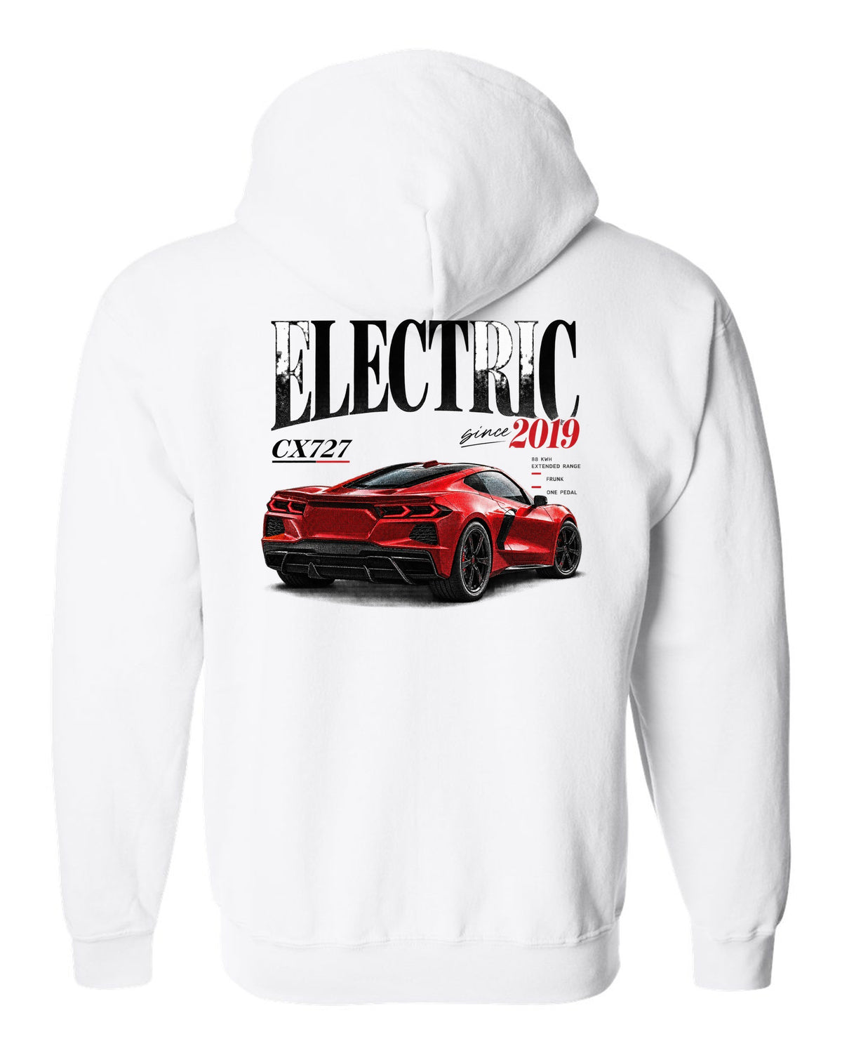 Ford Mustang Mach-E CX727 editorial headline print reading Electric Since 2019 white zip hoodie back view with the design