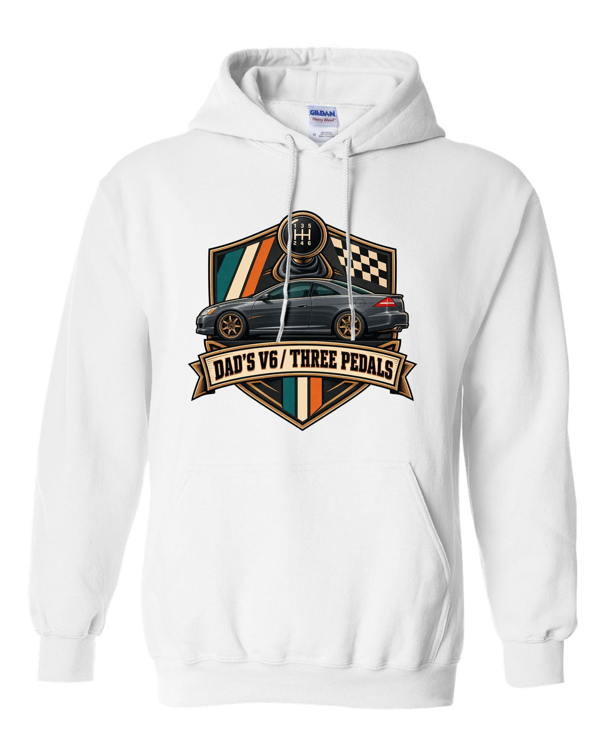 Crest layout print for the Honda Accord V6 Coupe with three pedals text white pull over hoodie front view with the design