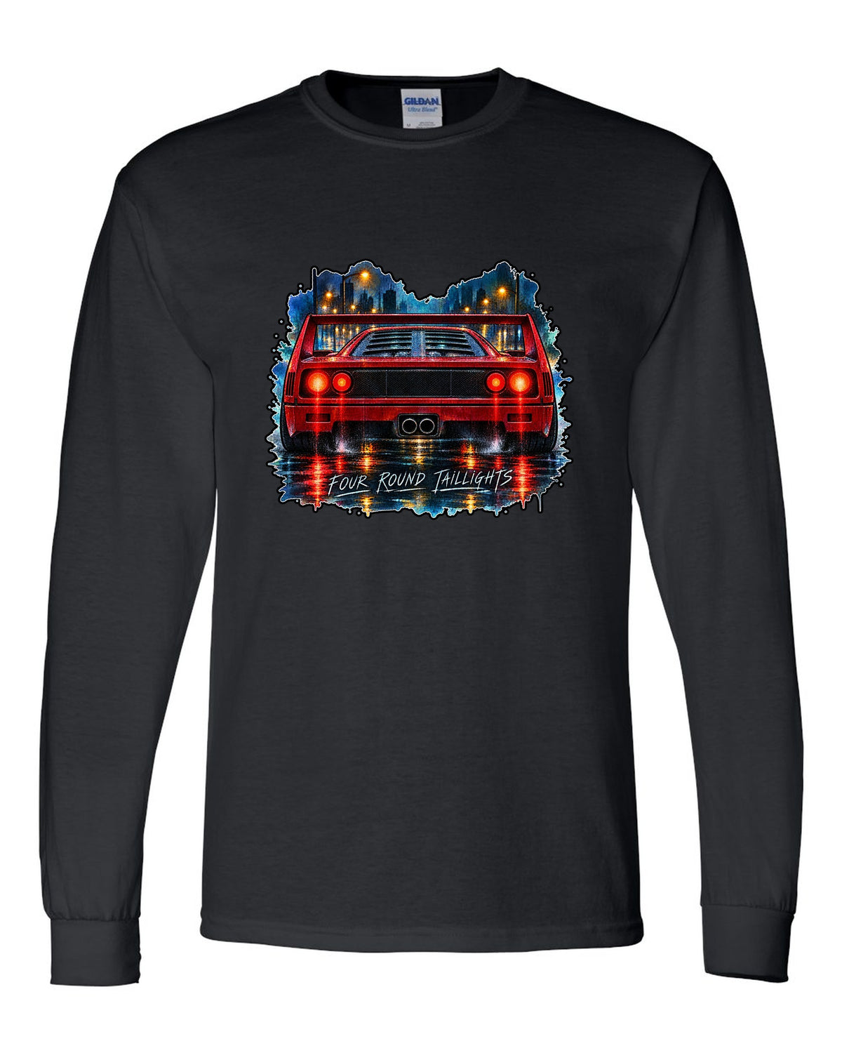 Watercolour wet-road night print of the rear of a 1987 Ferrari F40 F120 with four round taillights text black long sleeve front view with the design