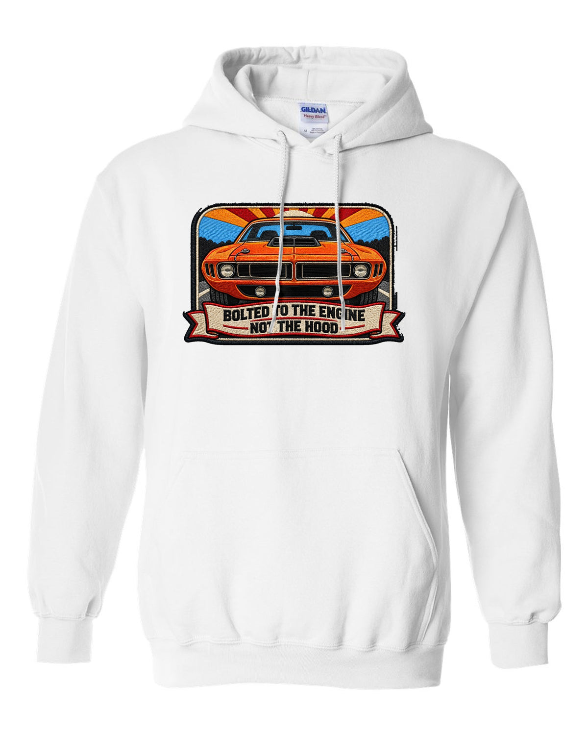 Embroidered mechanic patch style print of a 1970 Plymouth Hemi 'Cuda with shaker scoop text white pull over hoodie front view with the design