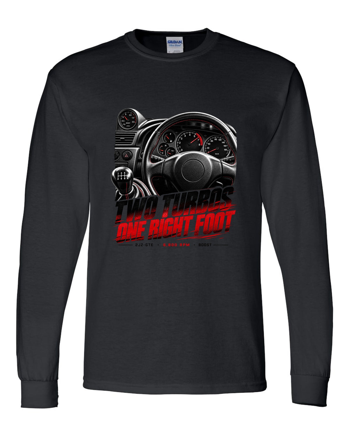 Cockpit and gauge print of a Toyota Supra A80 JZA80 with 6,800 redline black long sleeve front view with the design