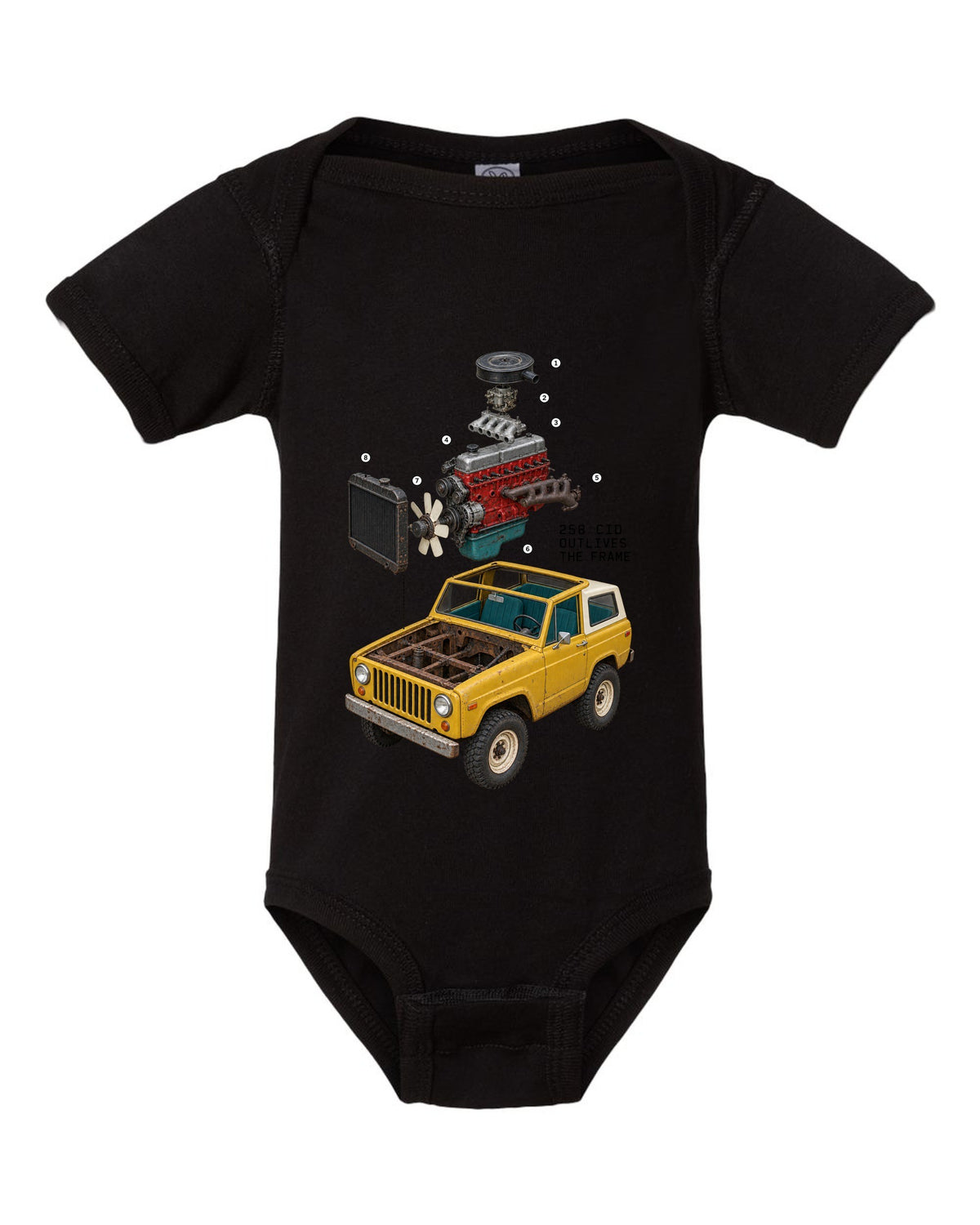 Exploded cutaway engine print of a Jeep CJ-7 258 CID inline-six black baby onesie front view with the design