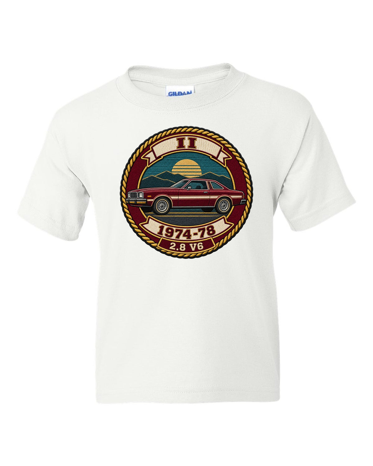 Embroidery-style varsity crest print for a 1974-78 Ford Mustang II notchback white kids tee front view with the design