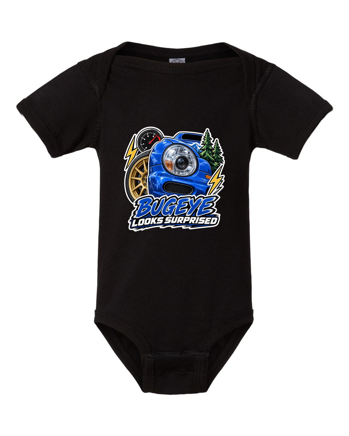 Sticker-bomb collage of a Subaru Impreza WRX GDB Bugeye black baby onesie front view with the design