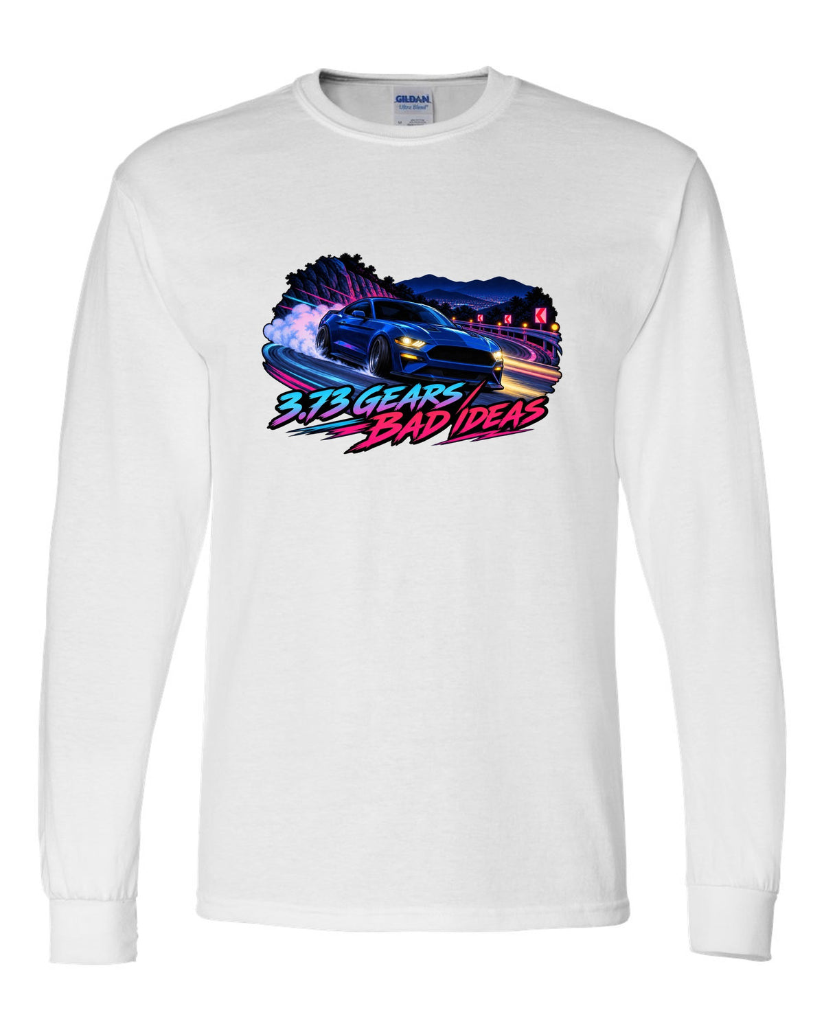 Cel-shaded anime night touge print of a 2015-2023 S550 Mustang fastback with 3.73 Gears text white long sleeve front view with the design