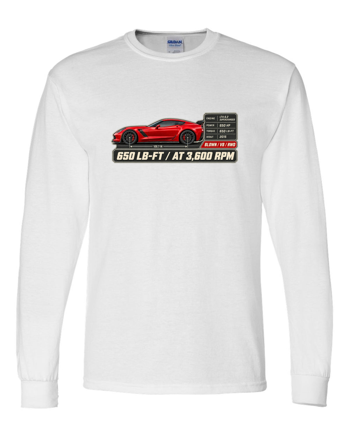 print of a Chevrolet Corvette C7 Z06 spec poster showing 650 lb-ft at 3,600 rpm white long sleeve front view with the design