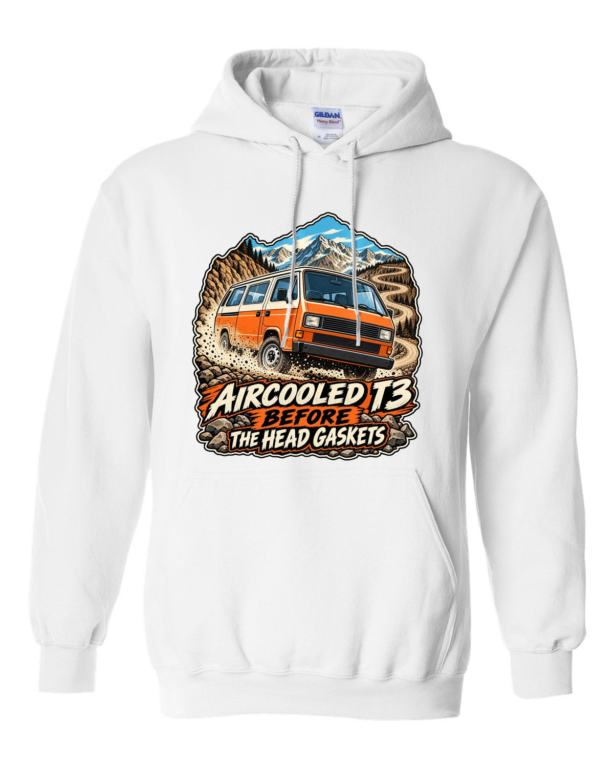 Vintage race poster style VW Vanagon T3 on a dusty pass with aircooled T3 before the head gaskets text white pull over hoodie front view with the design