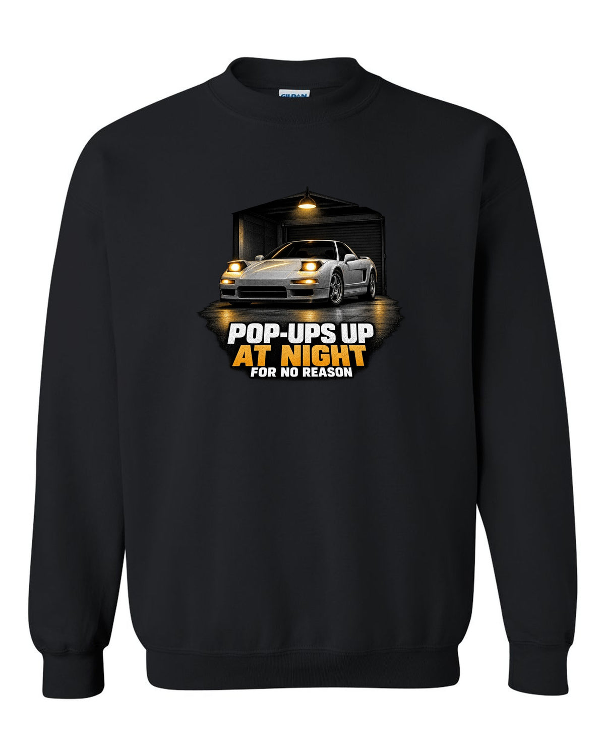 Honda NSX NA1 garage night design with pop-ups up at night for no reason text black crewneck front view with the design