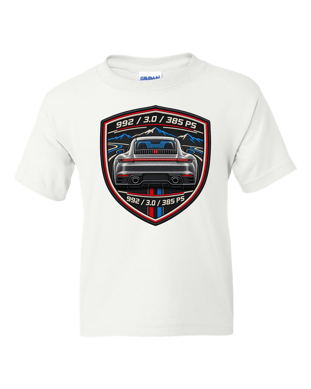 Round crest print of a Porsche 911 992 with the text 992, 3.0 and 385 PS white kids tee front view with the design