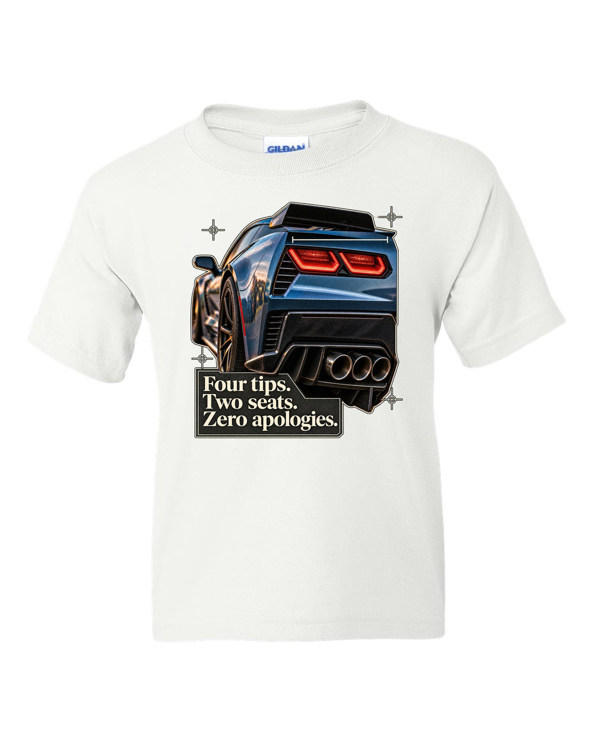 print of a Chevrolet Corvette C7 Z06 rear tail macro with four exhaust tips text white kids tee front view with the design