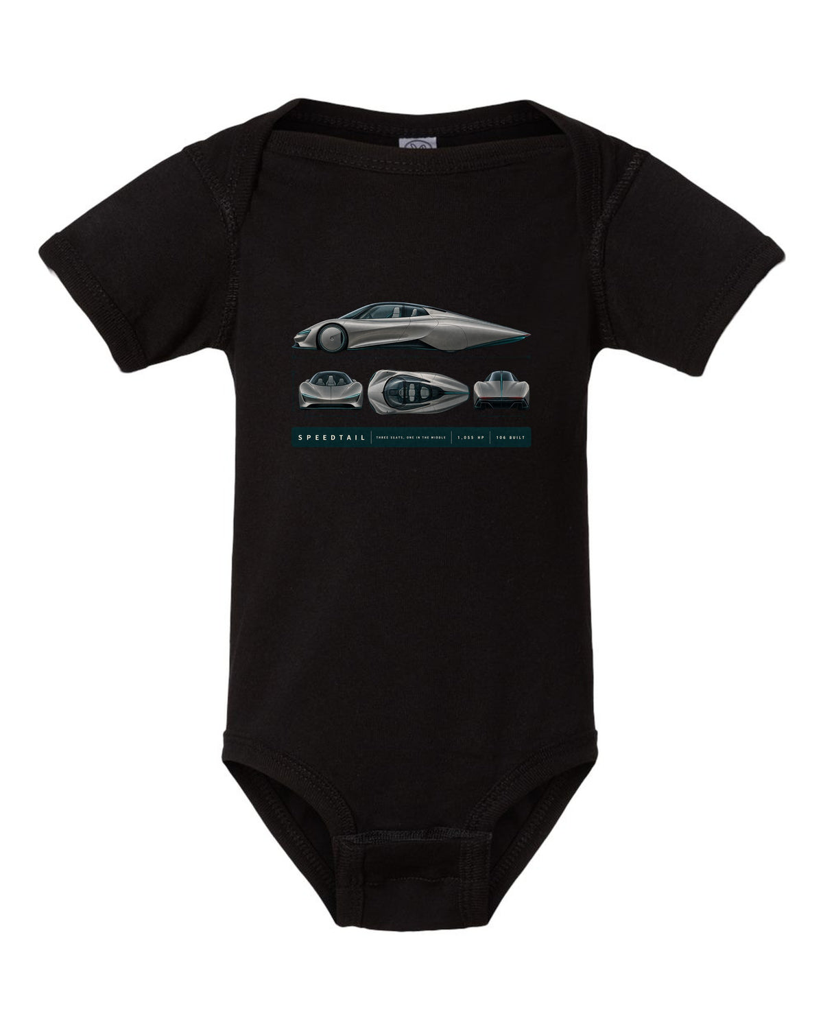 Warm grey and teal length blueprint print of a McLaren Speedtail black baby onesie front view with the design