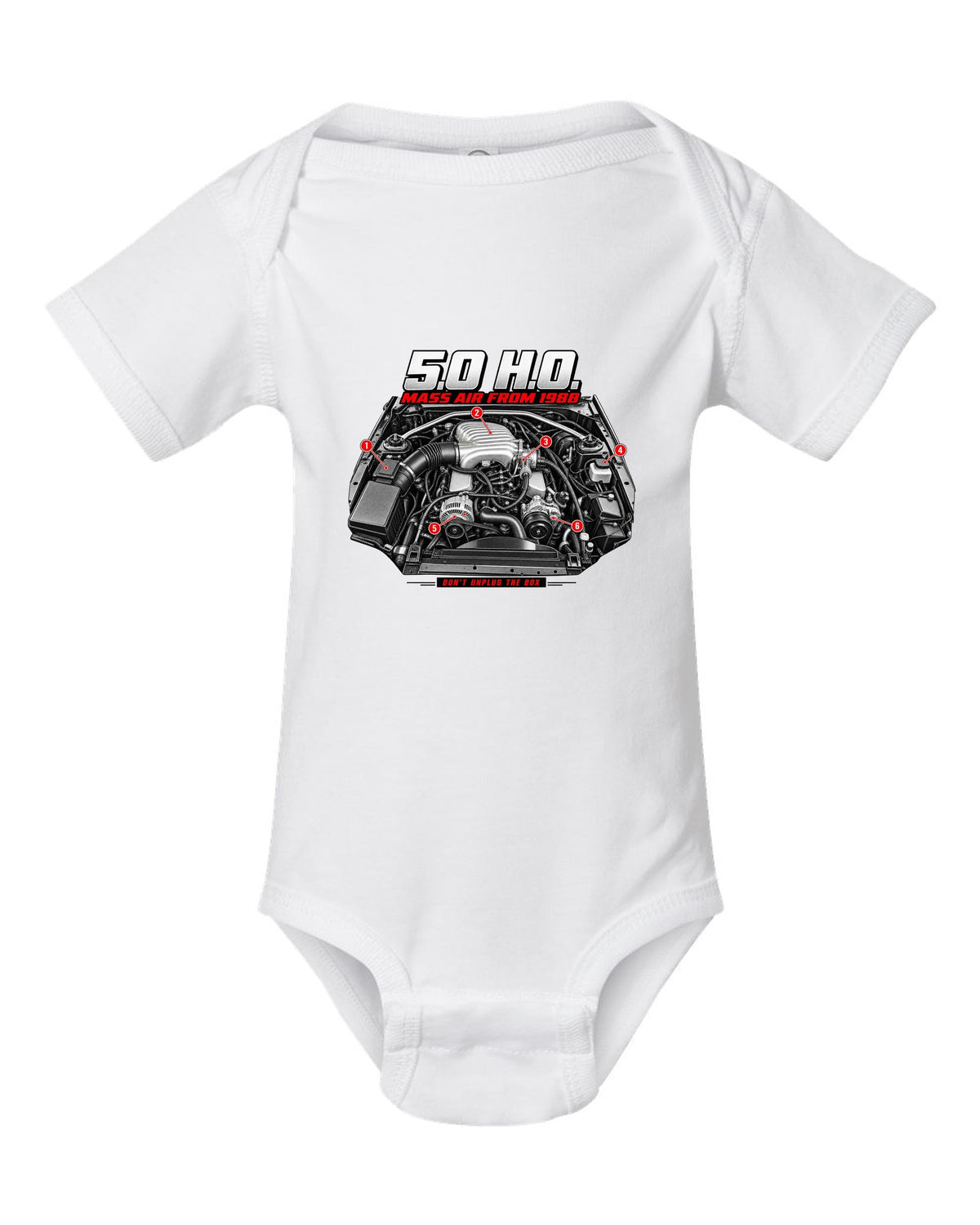 print of a 1989 Ford Mustang Fox Body 5.0 H.O. engine bay white baby onesie front view with the design