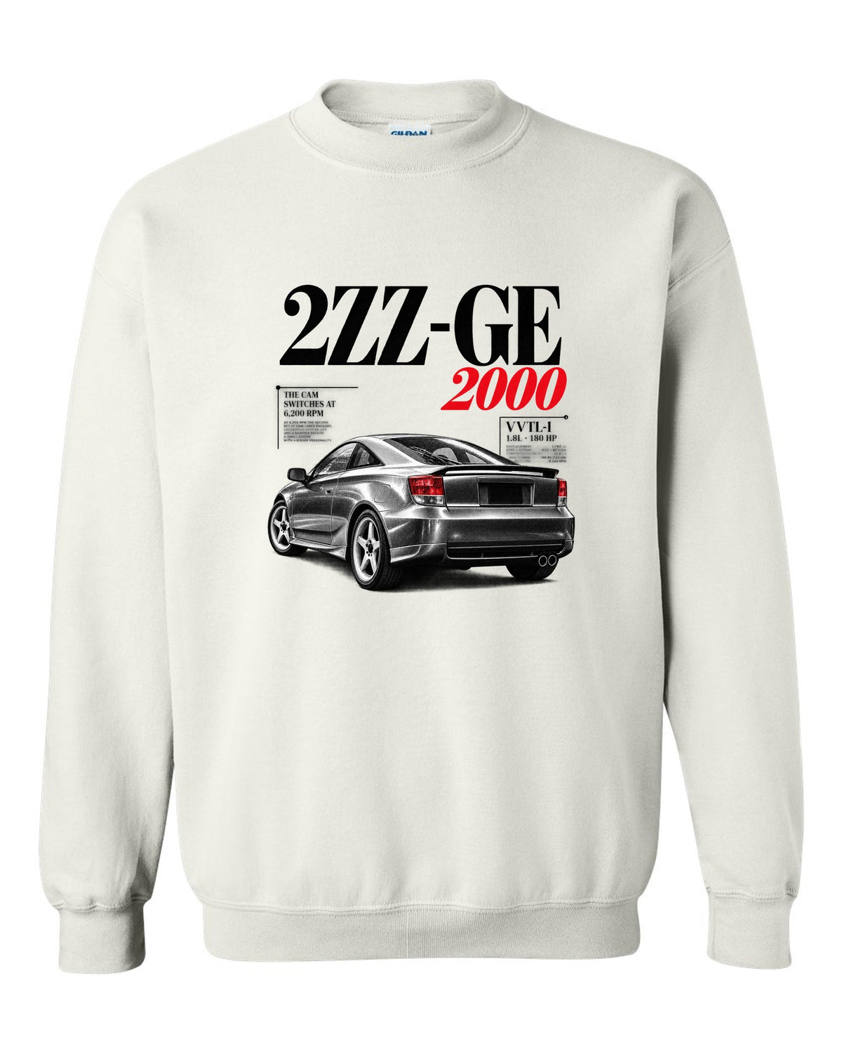 Editorial headline print of a Toyota Celica ZZT231 with 2ZZ-GE cam switches at 6,200 rpm white crewneck front view with the design