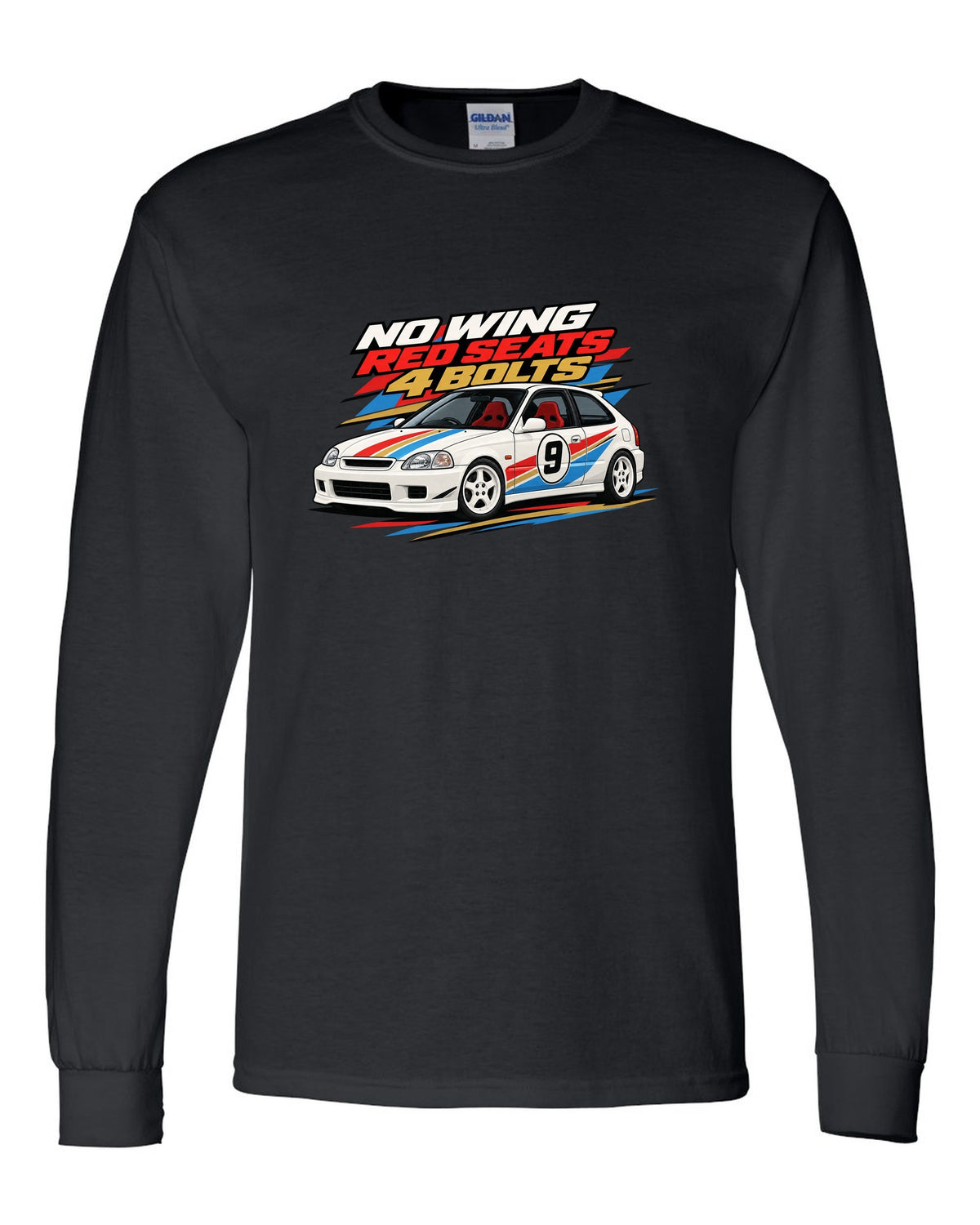 Retro racing livery print of a Honda Civic Type R EK9 with no wing red seats 4 bolts text black long sleeve front view with the design