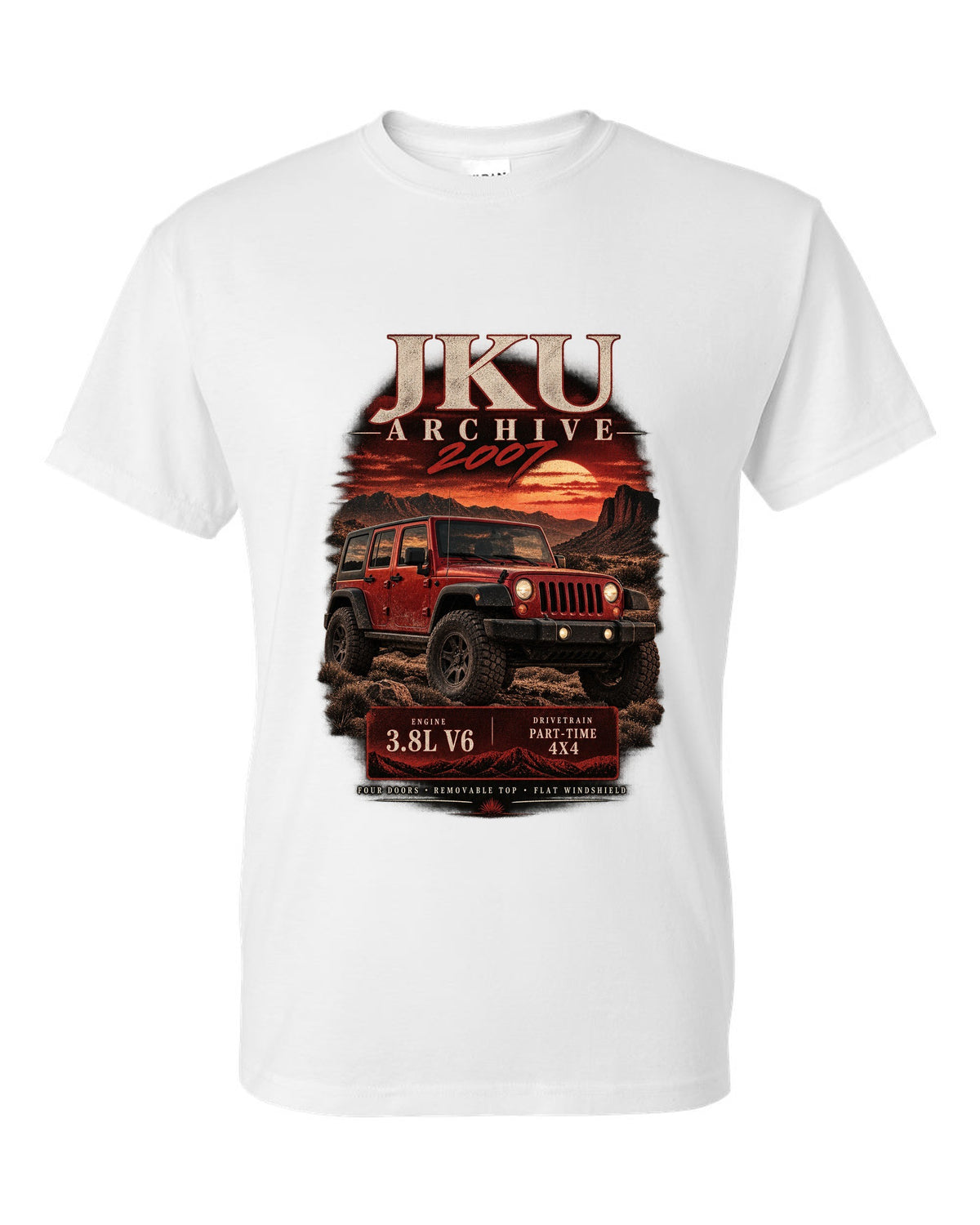 Archive panel print for the 2007 Jeep Wrangler JKU, 3.8L V6 four-door white t-shirt front view with the design
