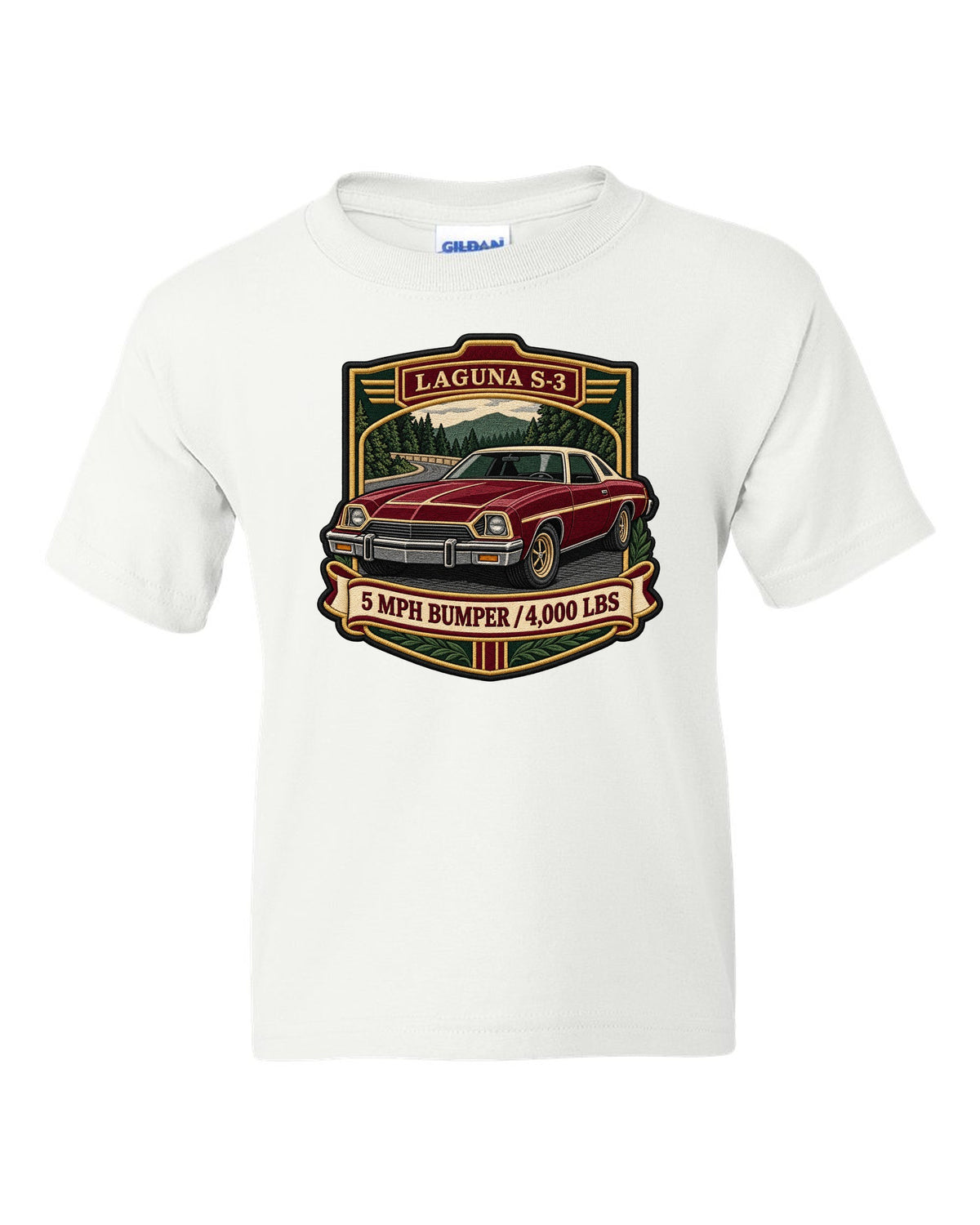 Embroidery patch style crest illustration of a 1973 Chevrolet Chevelle Laguna S-3 white kids tee front view with the design