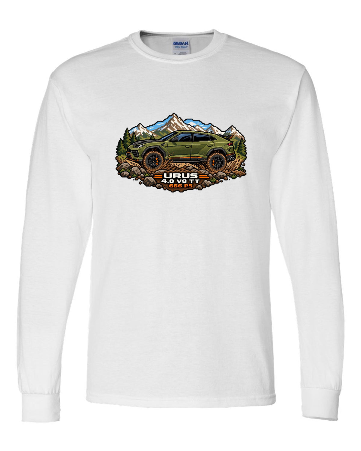 16-bit pixel art Lamborghini Urus Performante climbing a muddy hill with text URUS / 4.0 V8 TT / 666 PS white long sleeve front view with the design