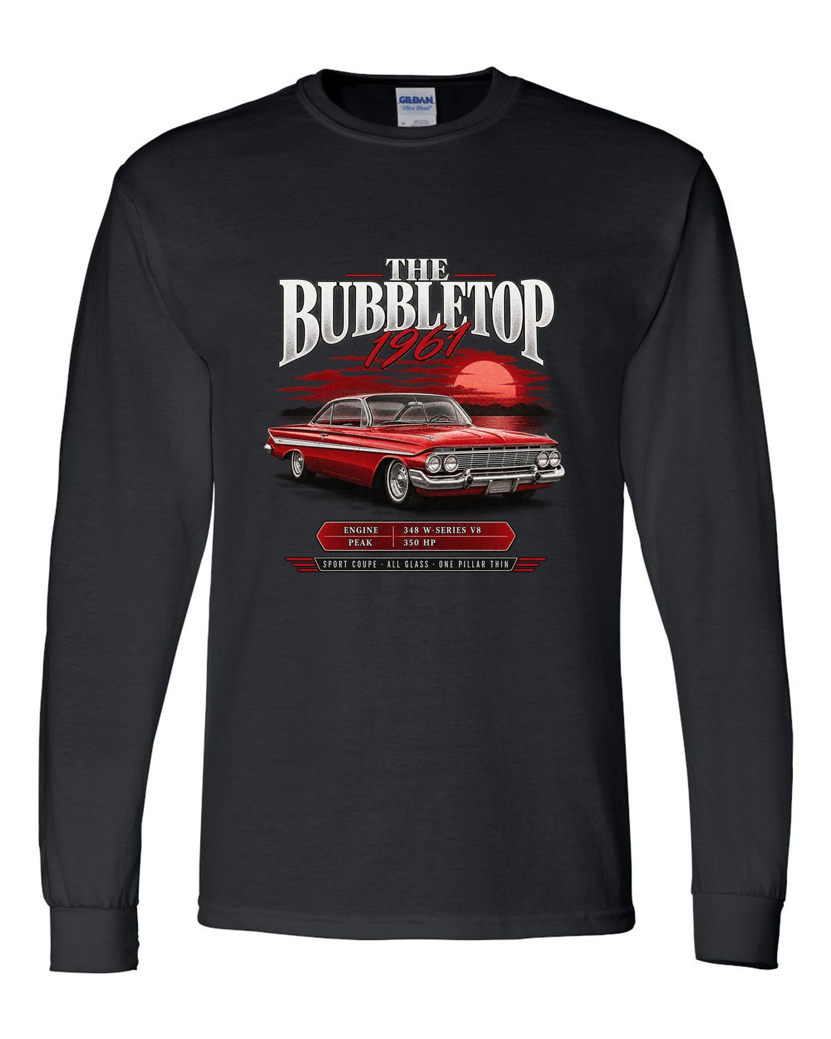 1961 Impala Sport Coupe bubbletop archive panel print with 348 V8 callouts black long sleeve front view with the design