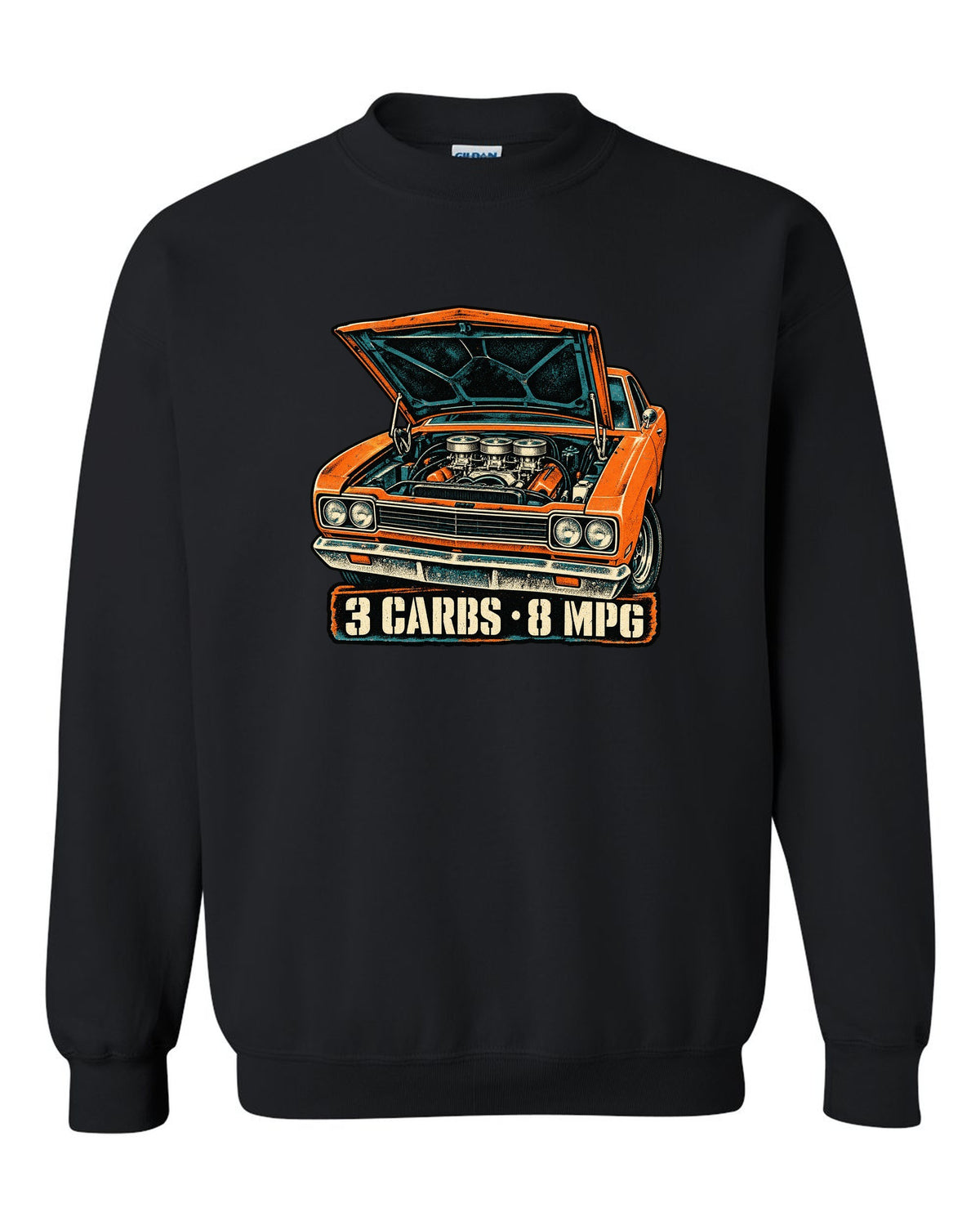 Four-colour grunge screen-print of a 1969 Plymouth Road Runner Six Pack with 3 carbs 8 MPG text black crewneck front view with the design