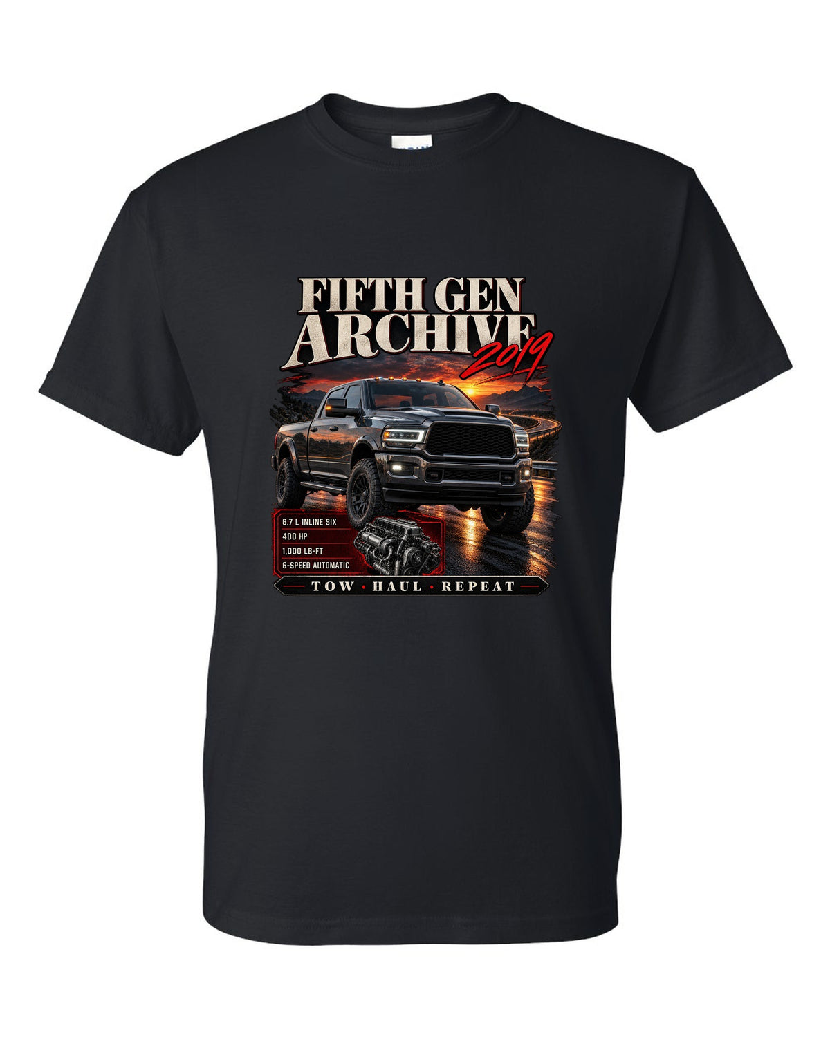 Archive panel print of a 2019 Ram HD 2500 6.7 HO diesel pickup with torque figure black t-shirt front view with the design