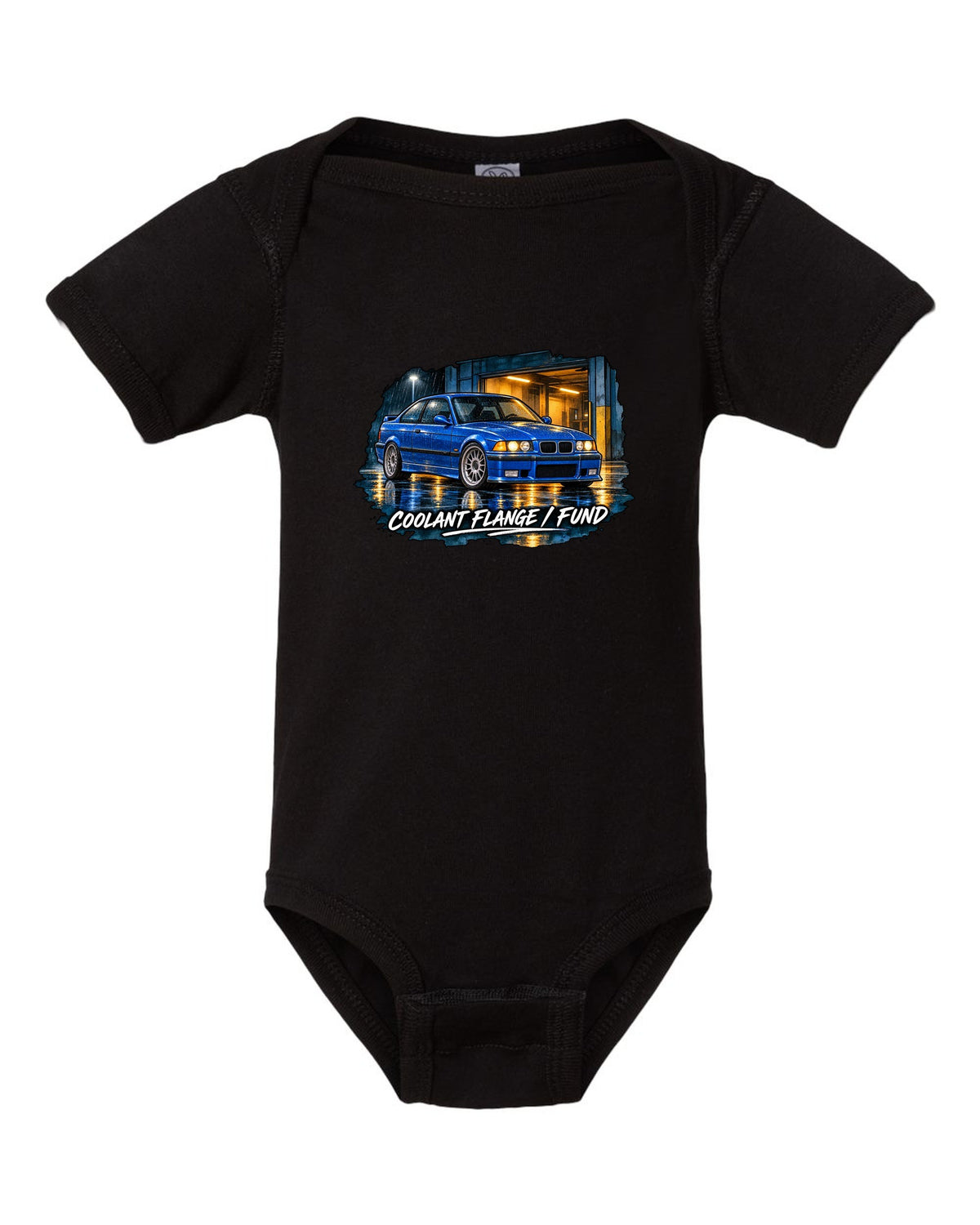 Comic halftone pop-art burnout of a BMW E36 M3 coupe with rear tyres subscription text black baby onesie front view with the design