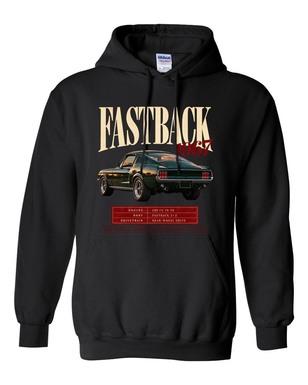 Archive panel illustration of a 1967 Ford Mustang fastback with 289 V8 spec callouts black pull over hoodie front view with the design