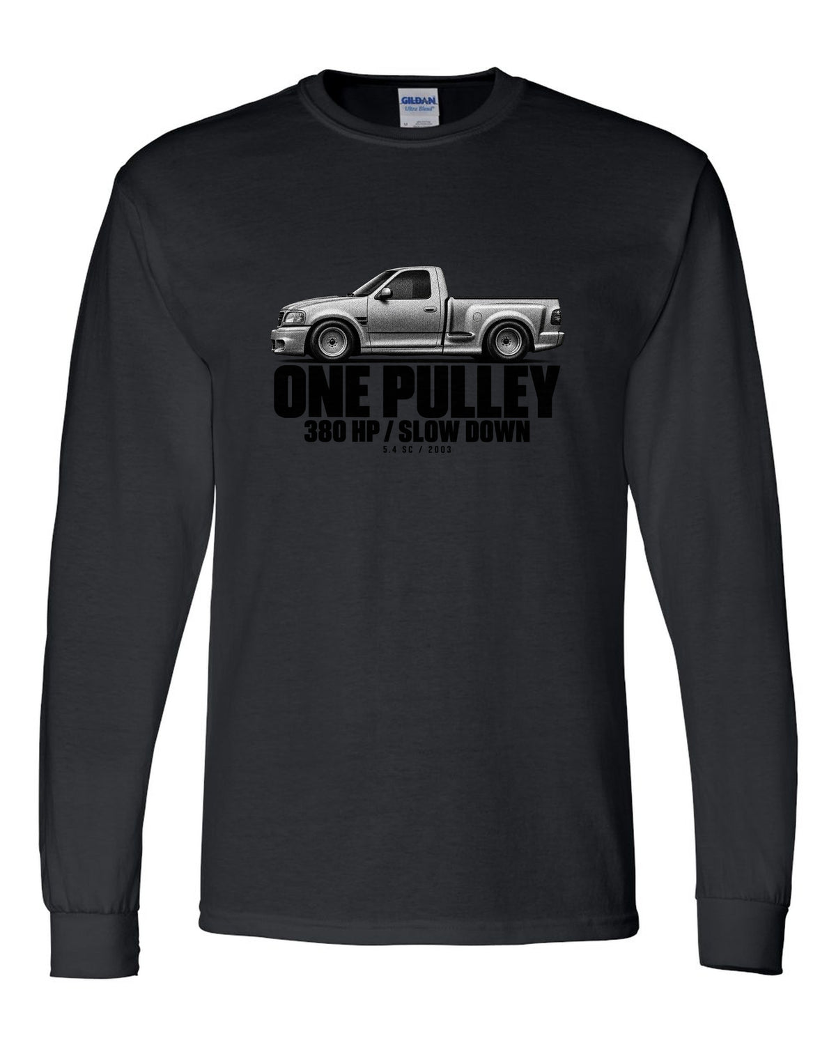 Halftone print of a 2002-03 Ford F-150 SVT Lightning with 380 HP text black long sleeve front view with the design