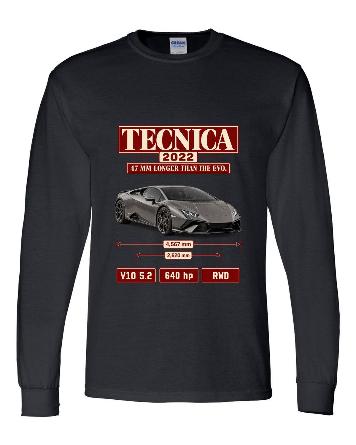 Archive panel print of the Lamborghini Huracan Tecnica black long sleeve front view with the design