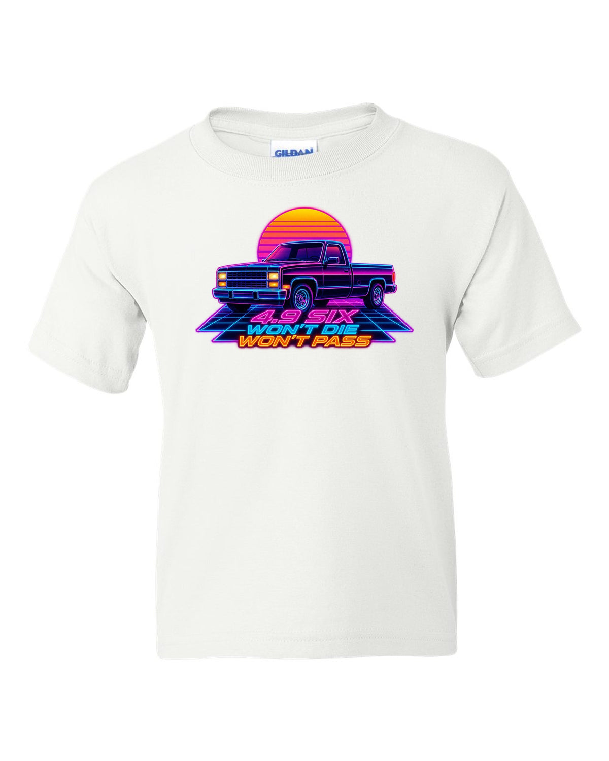 Synthwave neon art of a 1987-91 Ford F-150 Brick-Nose in drive-in rain with 4.9 SIX lettering white kids tee front view with the design