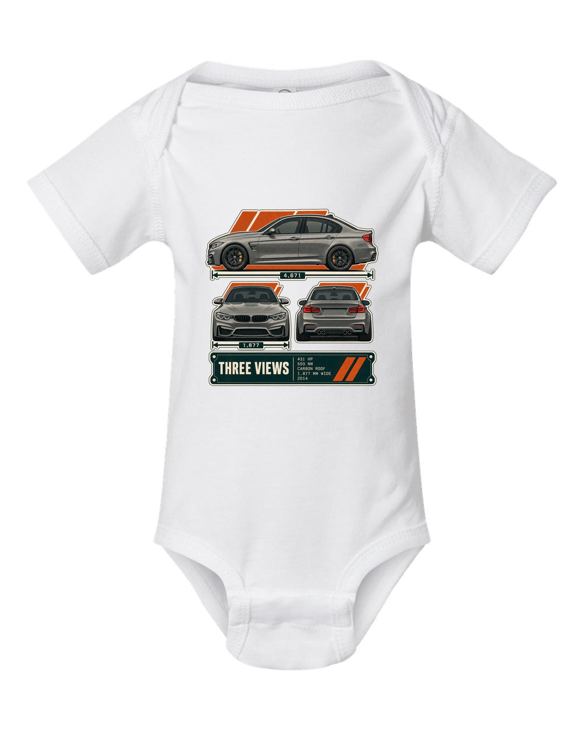 BMW M3 F80 three-view drawing with spec table print white baby onesie front view with the design