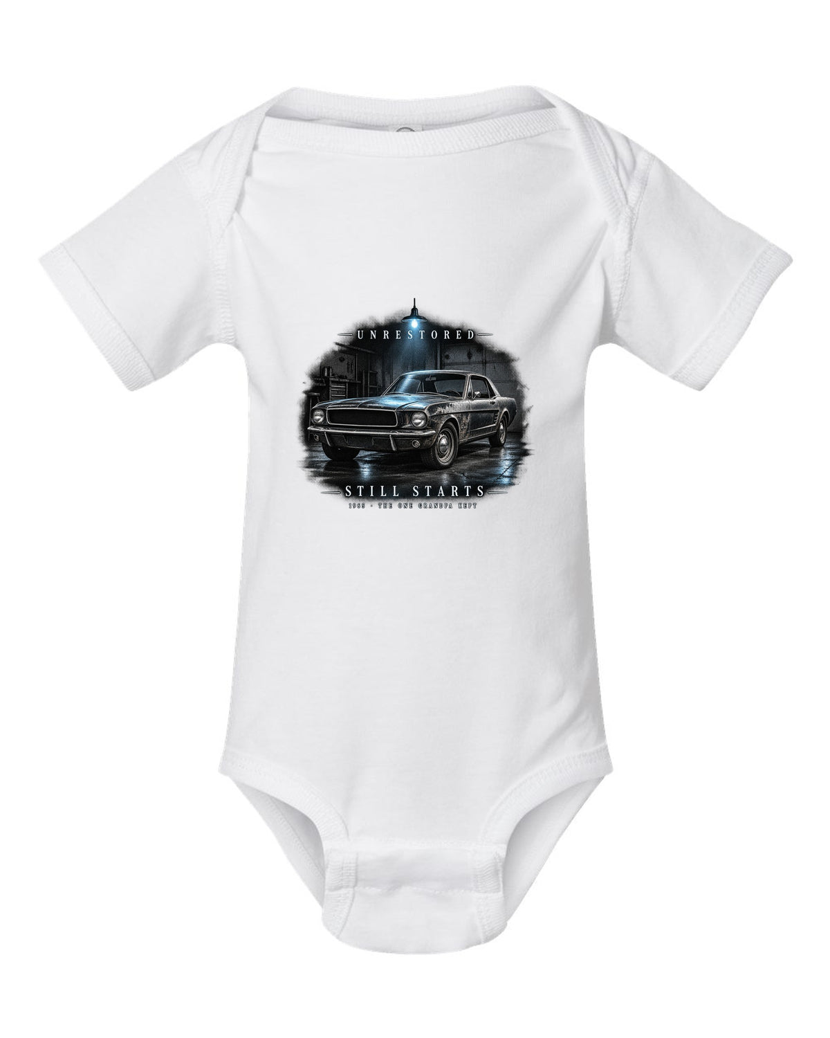 Garage night illustration of a white 1965 Ford Mustang coupe with unrestored still starts lettering white baby onesie front view with the design