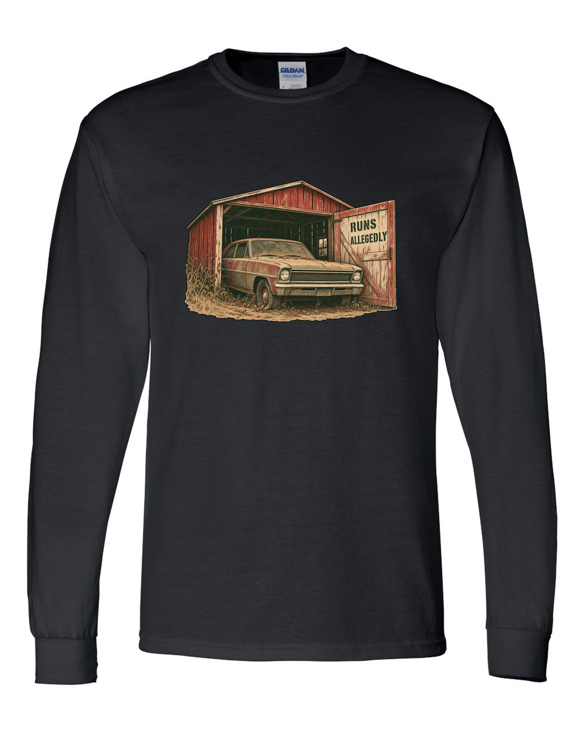 1966 Chevy II Nova in a grainy two-colour risograph barn find design with the text Runs Allegedly black long sleeve front view with the design