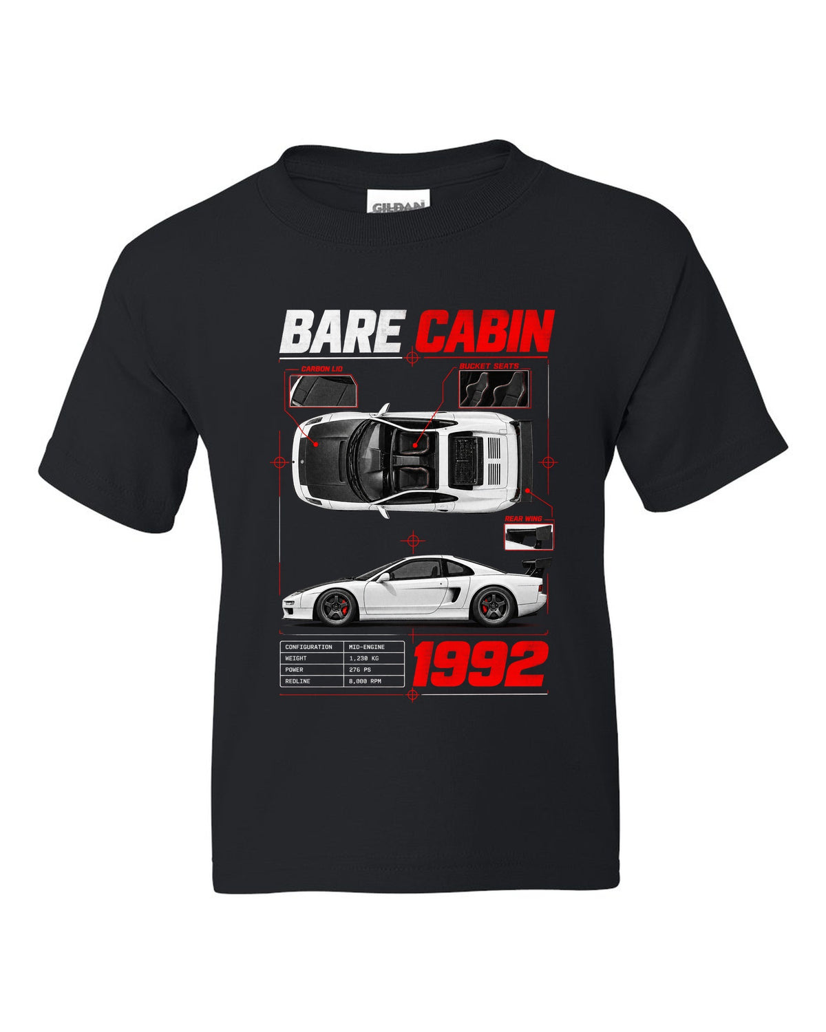 Spec poster print for the 1992 Honda NSX-R NA1 listing bare cabin, bucket seats and carbon lid black kids tee front view with the design