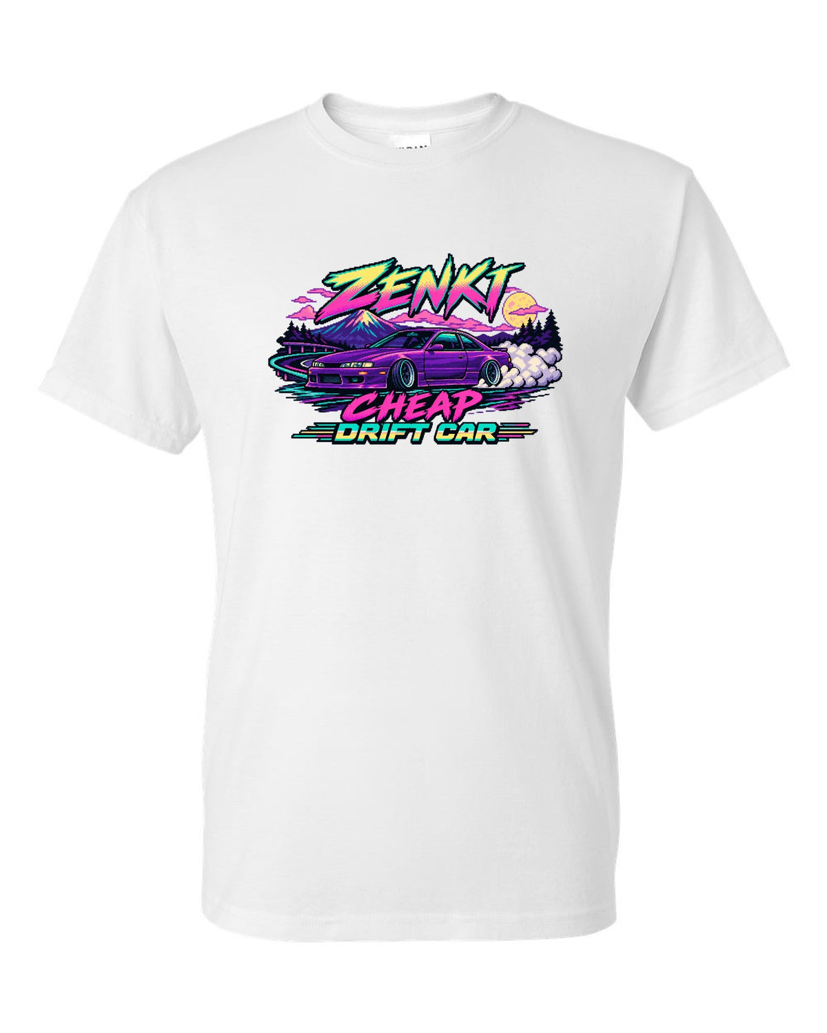 16-bit pixel art print of a Nissan Silvia S14 zenki drift car white t-shirt front view with the design