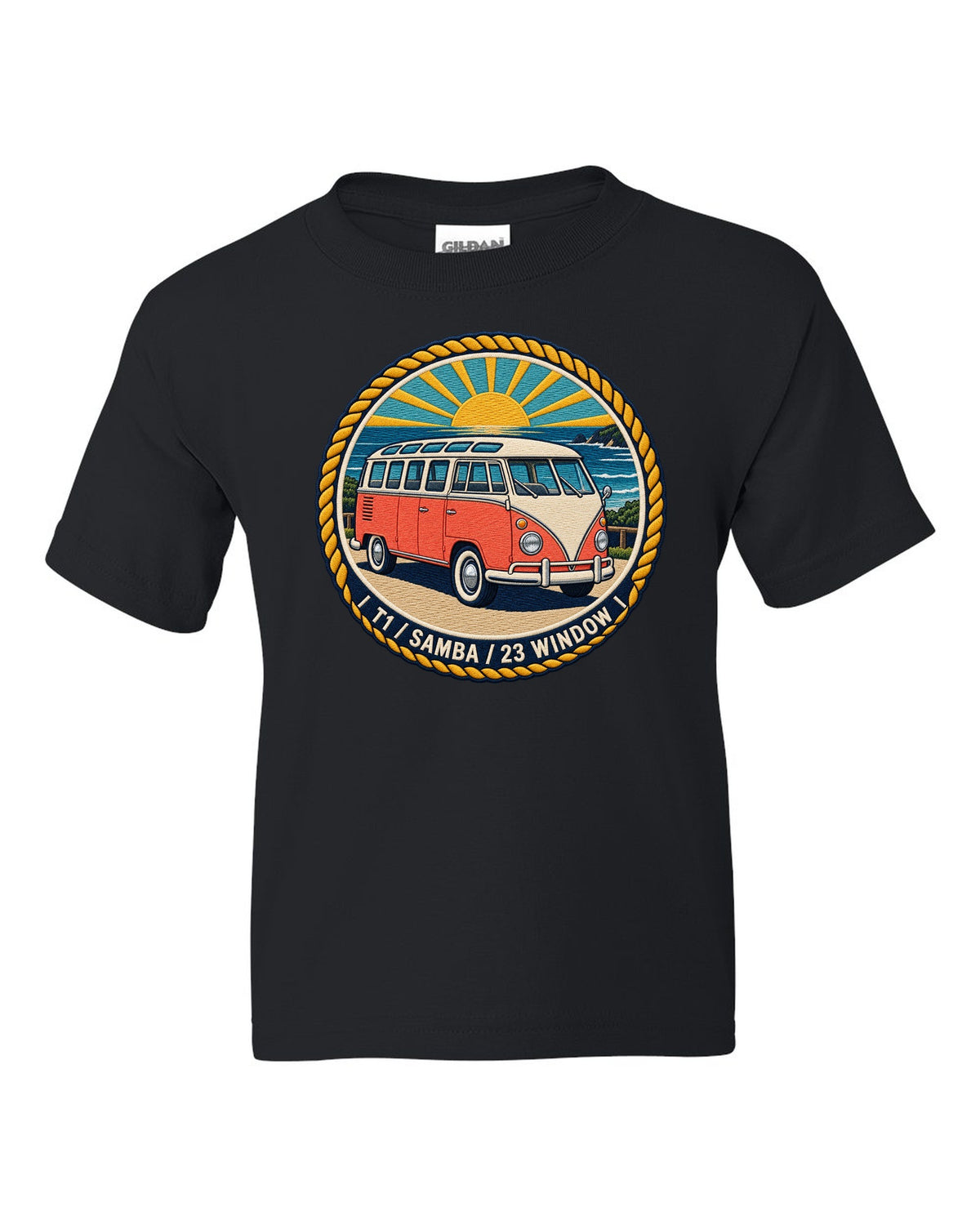 Round crest for the VW Bus T1 Samba 23 window black kids tee front view with the design
