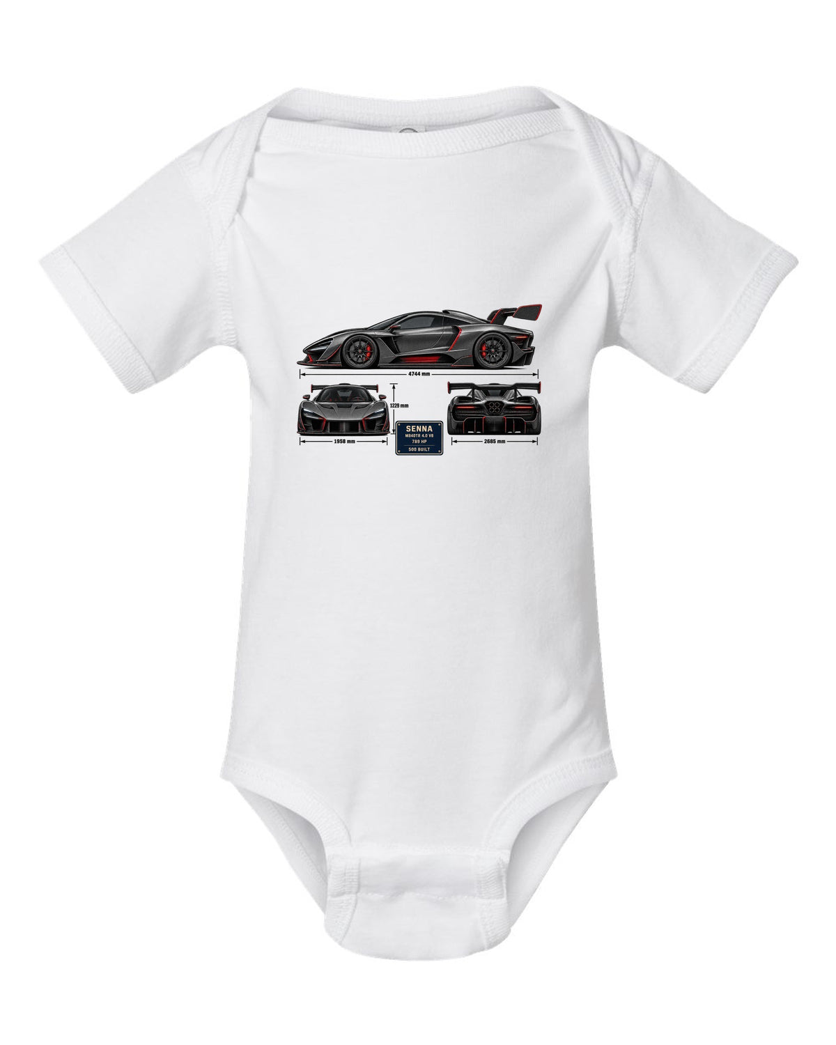 Three-view and spec table print of a McLaren Senna in graphite and red white baby onesie front view with the design