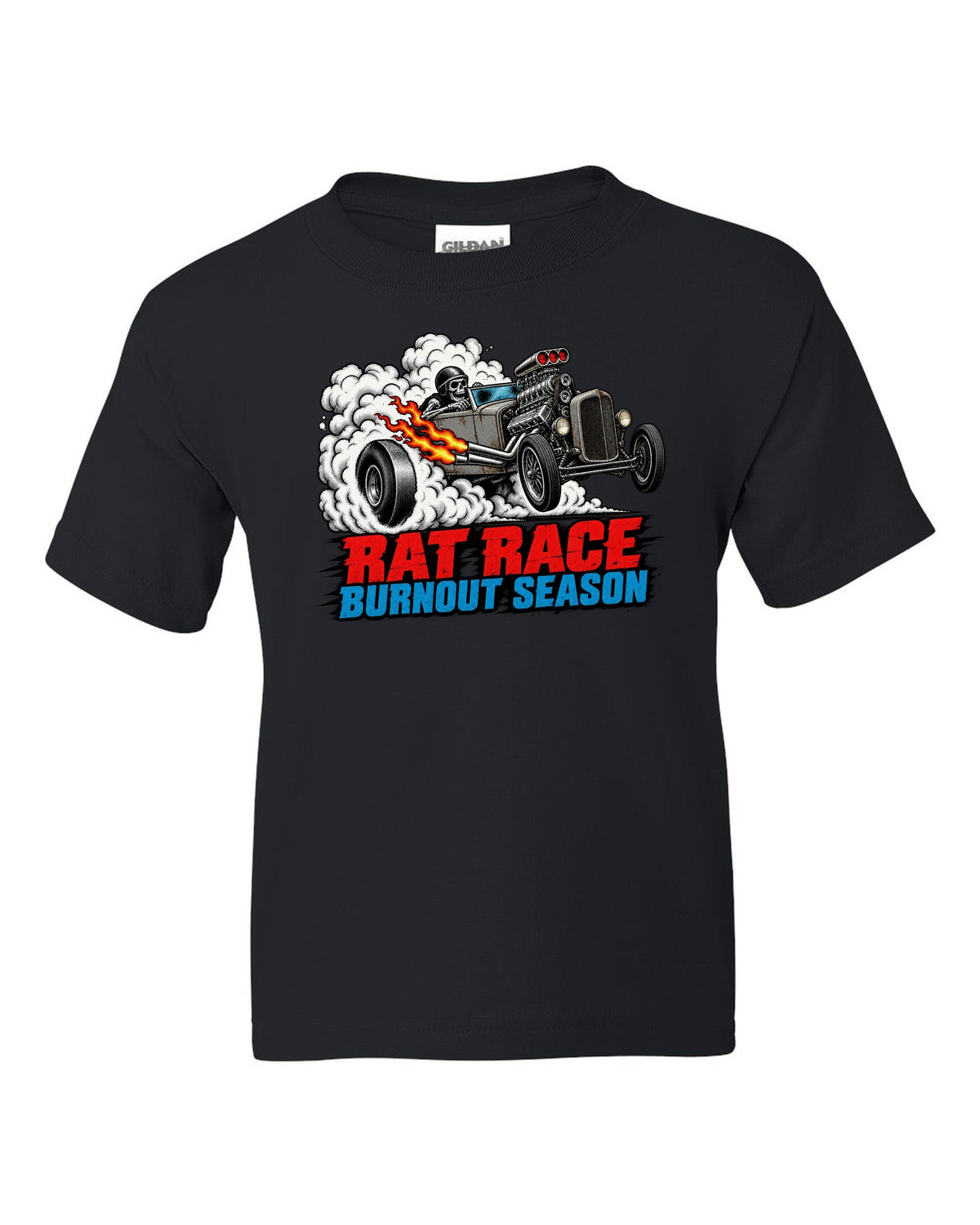Halftone screenprint print of a primer-grey rat rod roadster in tyre smoke with Burnout Season lettering black kids tee front view with the design