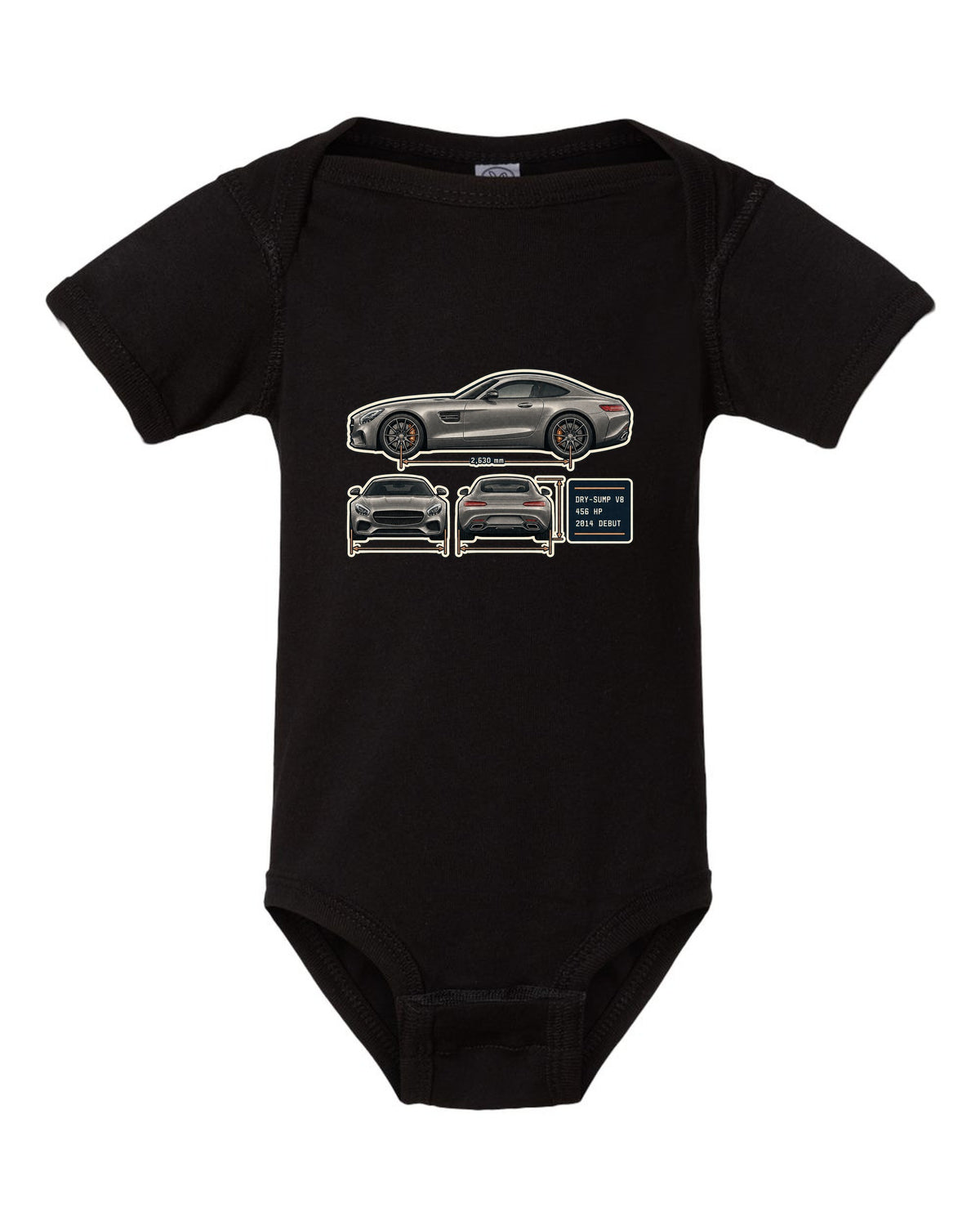 Mercedes-AMG GT C190 three-view and spec table print black baby onesie front view with the design