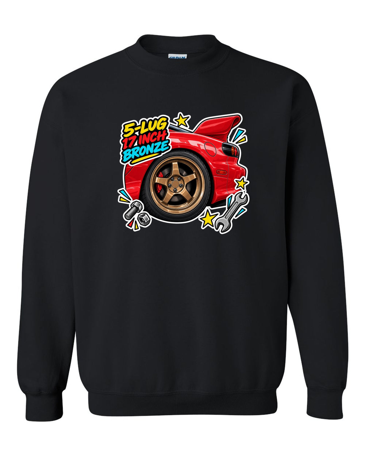 Watercolour wet road night print of a Mazda MX-5 ND RF with the text Roof Folds in 13 Seconds black crewneck front view with the design