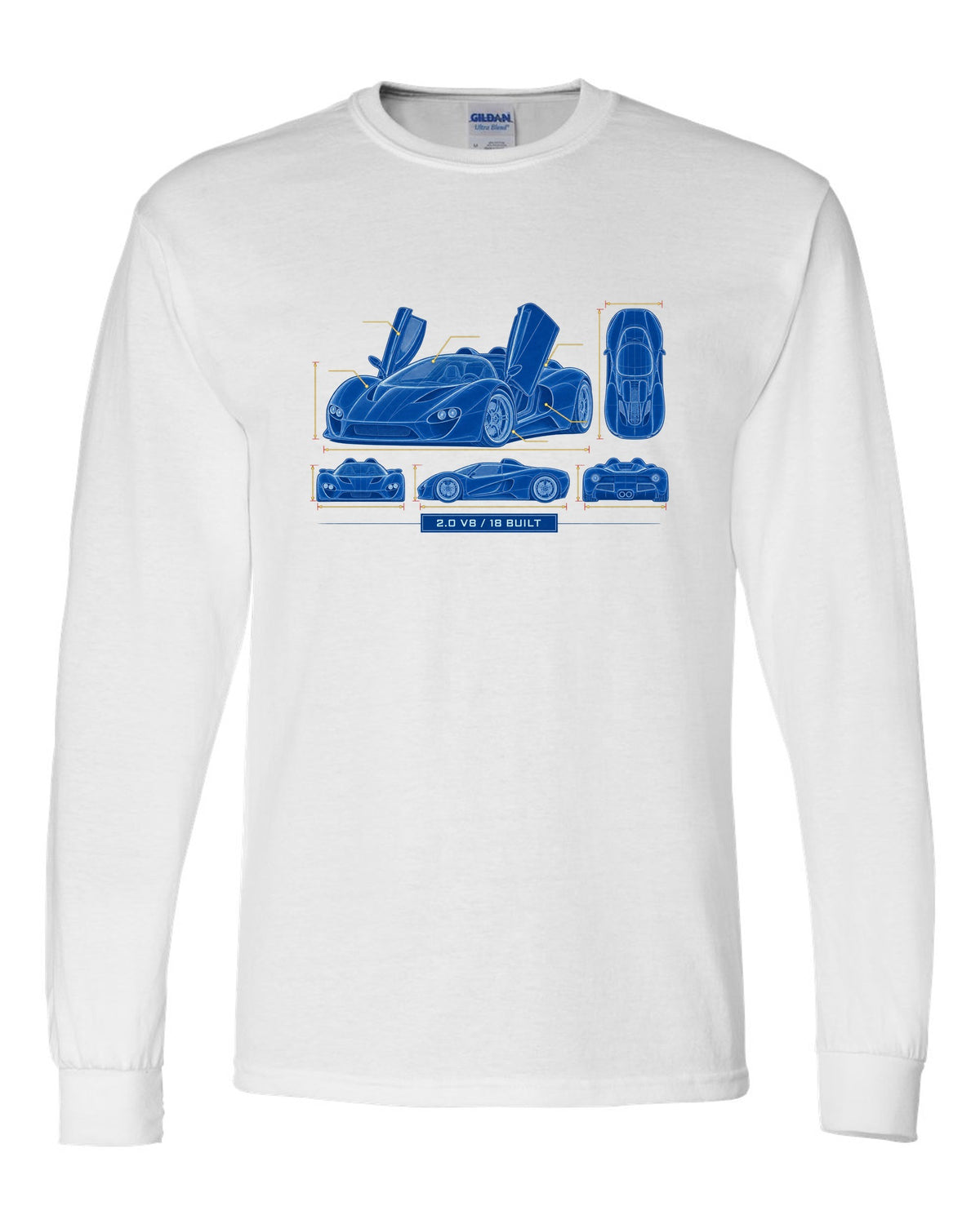 Cyanotype negative blueprint of an Alfa Romeo 33 Stradale with 2.0 V8 and 18 built white long sleeve front view with the design