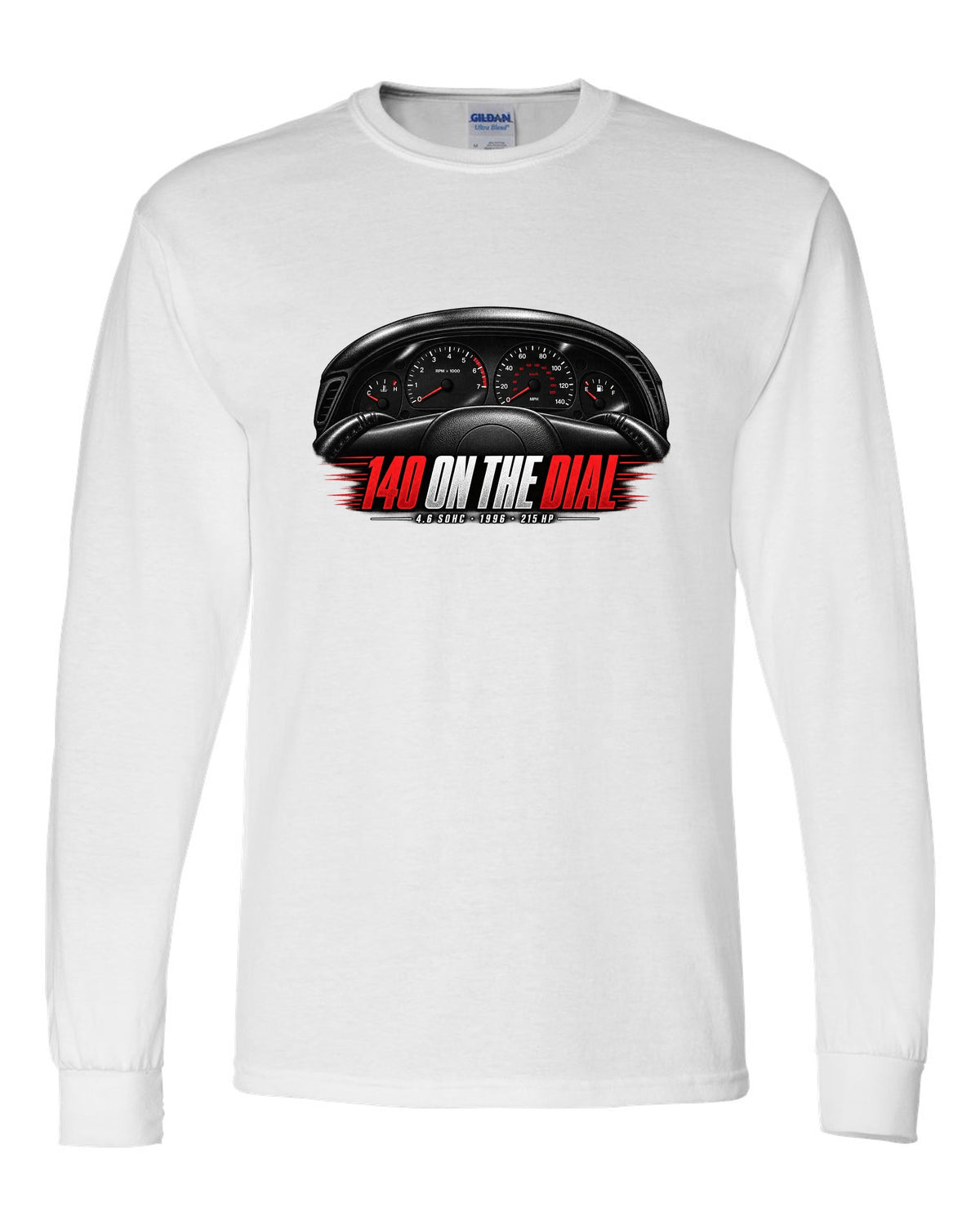 print of an SN95 Ford Mustang GT gauge cluster with 140 on the dial white long sleeve front view with the design