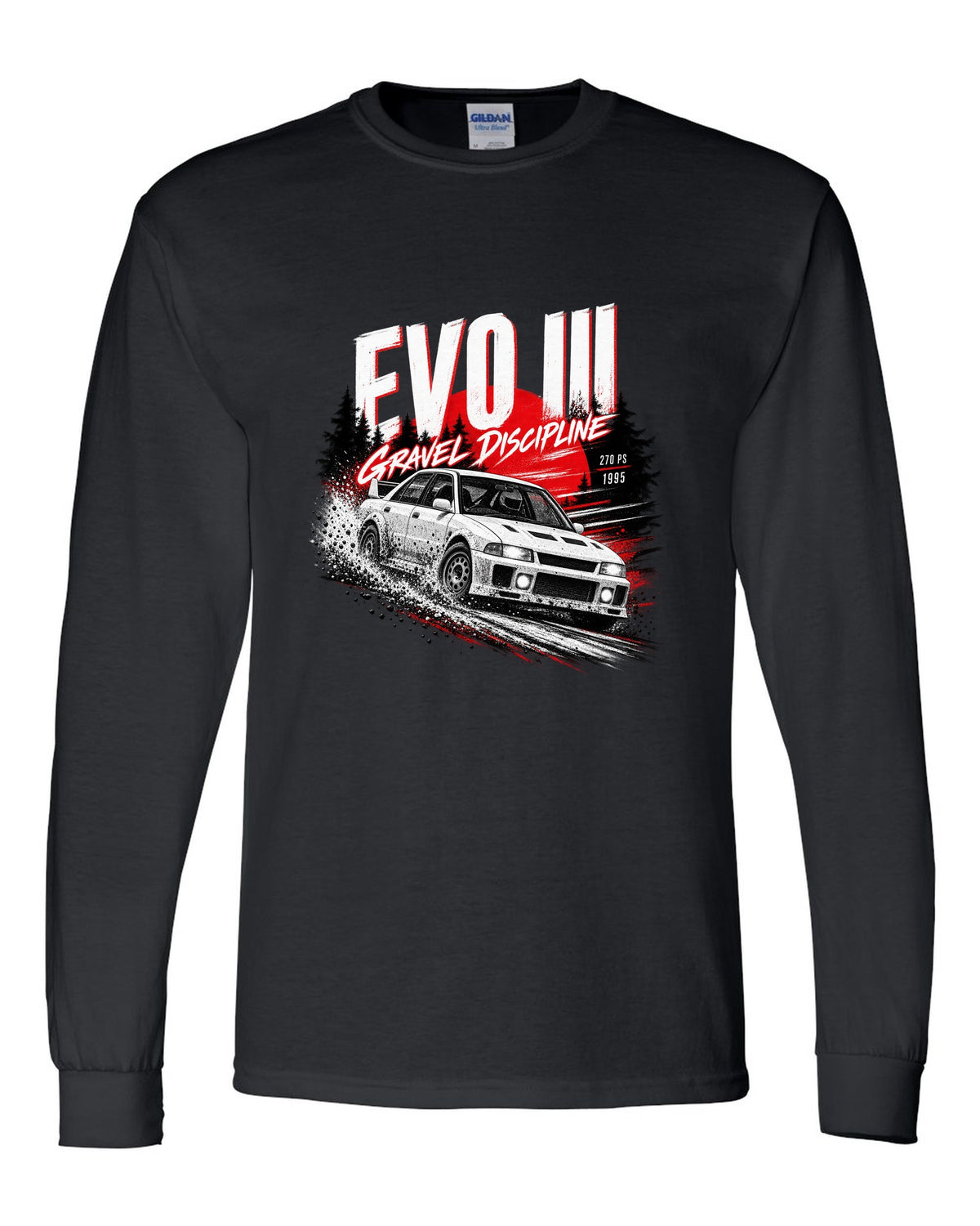 Night gravel road print for the Mitsubishi Lancer Evolution III CE9A reading Gravel Discipline, 270 PS, 1995 black long sleeve front view with the design