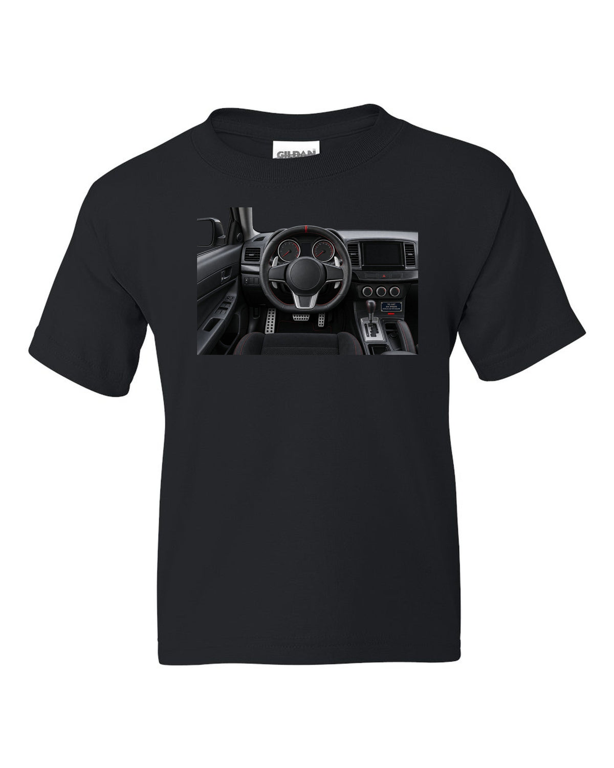 Mitsubishi Lancer Evolution X driver view cockpit and gauges print black kids tee front view with the design