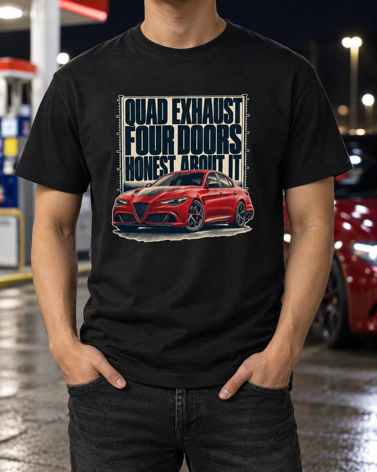 Alfa Romeo Giulia Quadrifoglio 952 Halftone Shirt, Quad Exhaust T-Shirt Black worn hero
