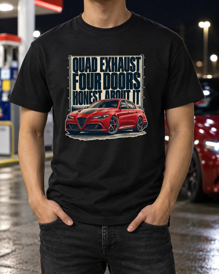 Alfa Romeo Giulia Quadrifoglio 952 Halftone Shirt, Quad Exhaust T-Shirt Black worn hero