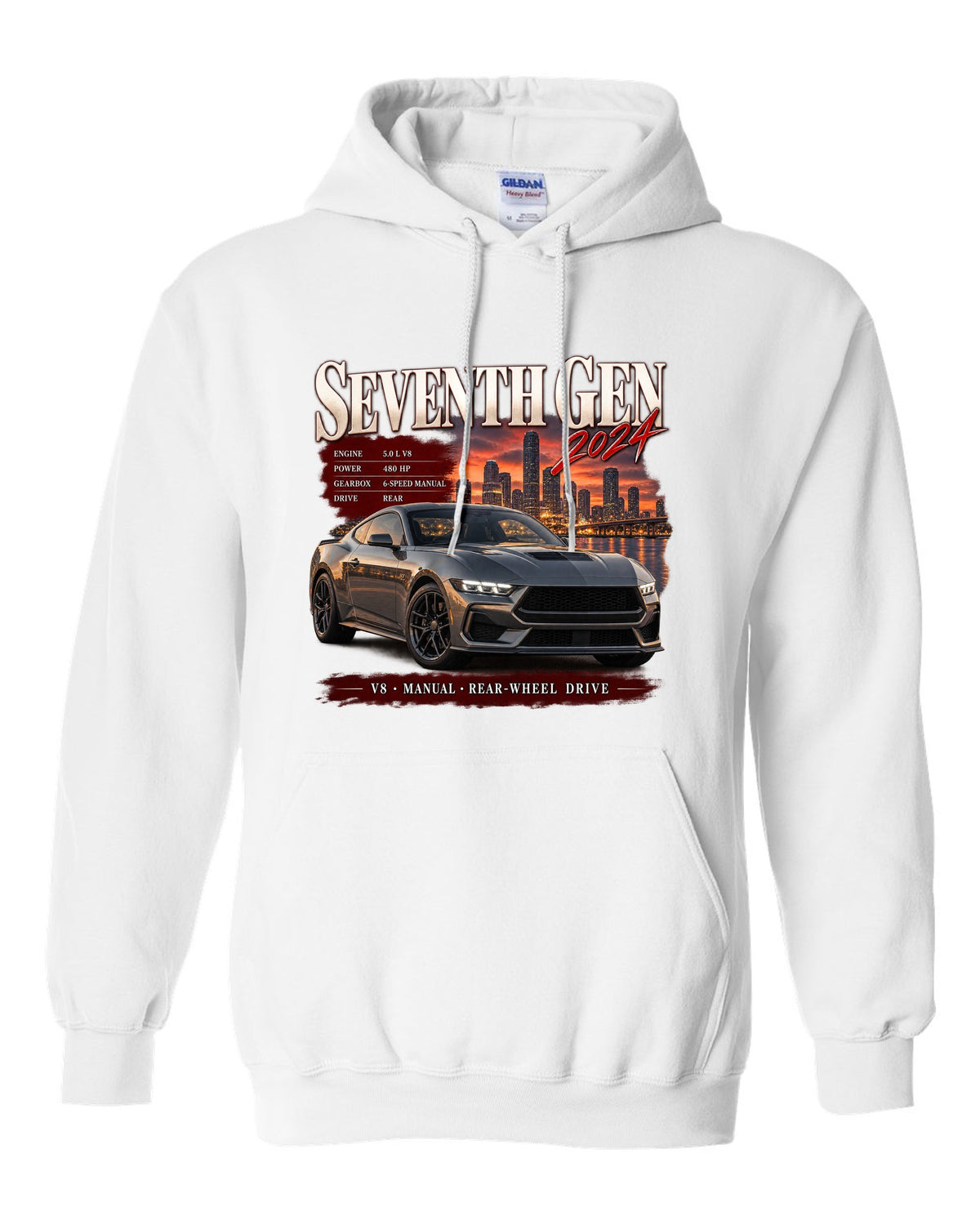 Ford Mustang S650 GT archive panel print reading Seventh Gen 2024 white pull over hoodie front view with the design