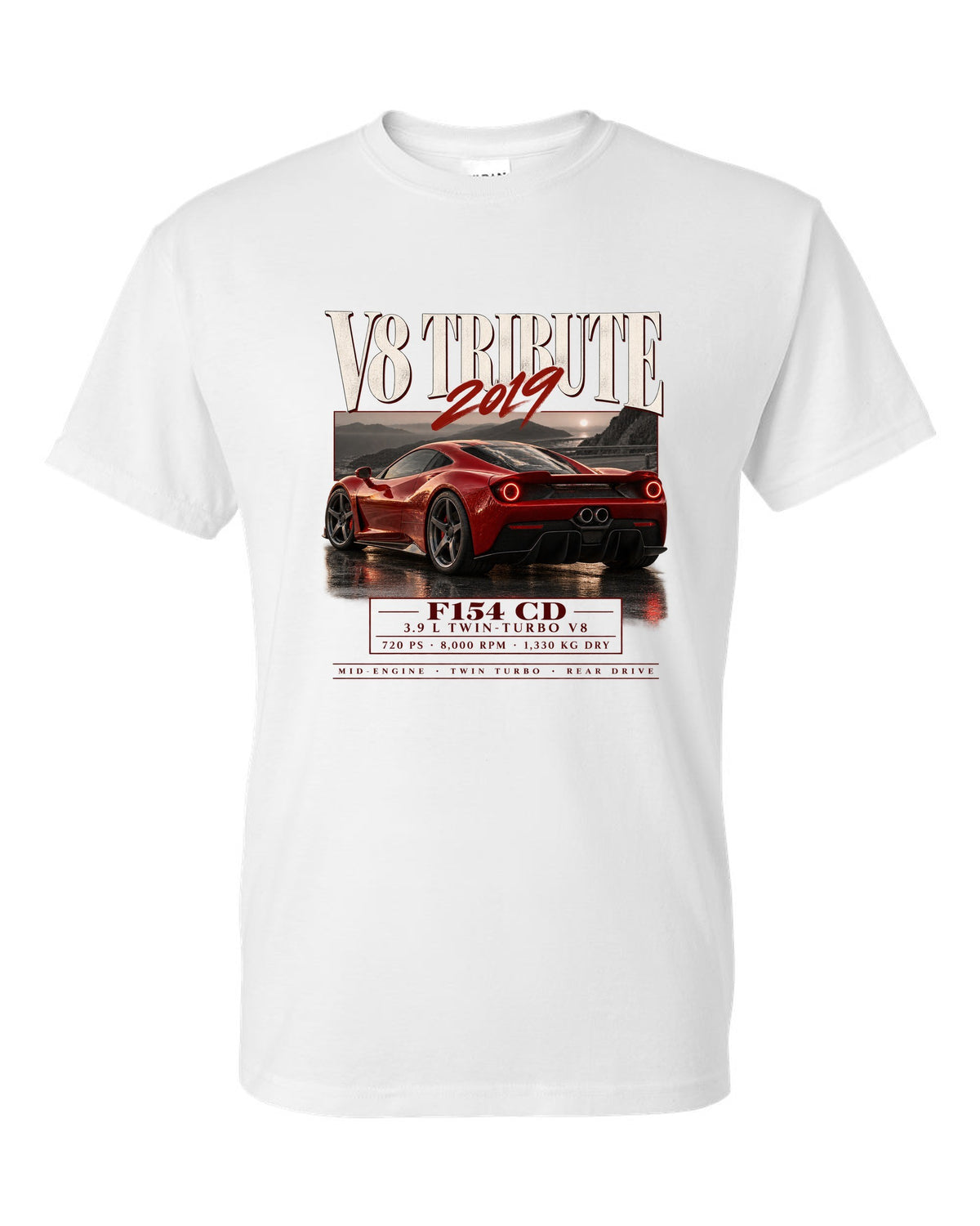 Archive panel print of a Ferrari F8 Tributo listing 3.9 L twin-turbo V8, 720 PS and 1,330 kg dry white t-shirt front view with the design