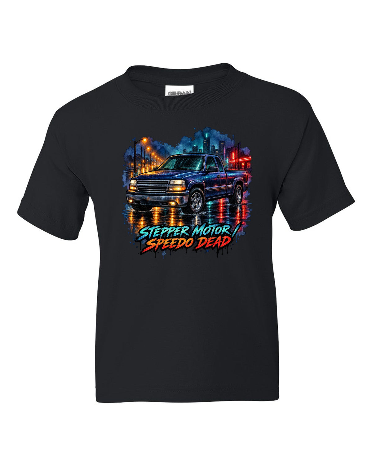 Watercolor wet-road night print of a 1999-2006 Chevrolet GMT800 NBS Silverado with stepper motor speedo dead lettering black kids tee front view with the design
