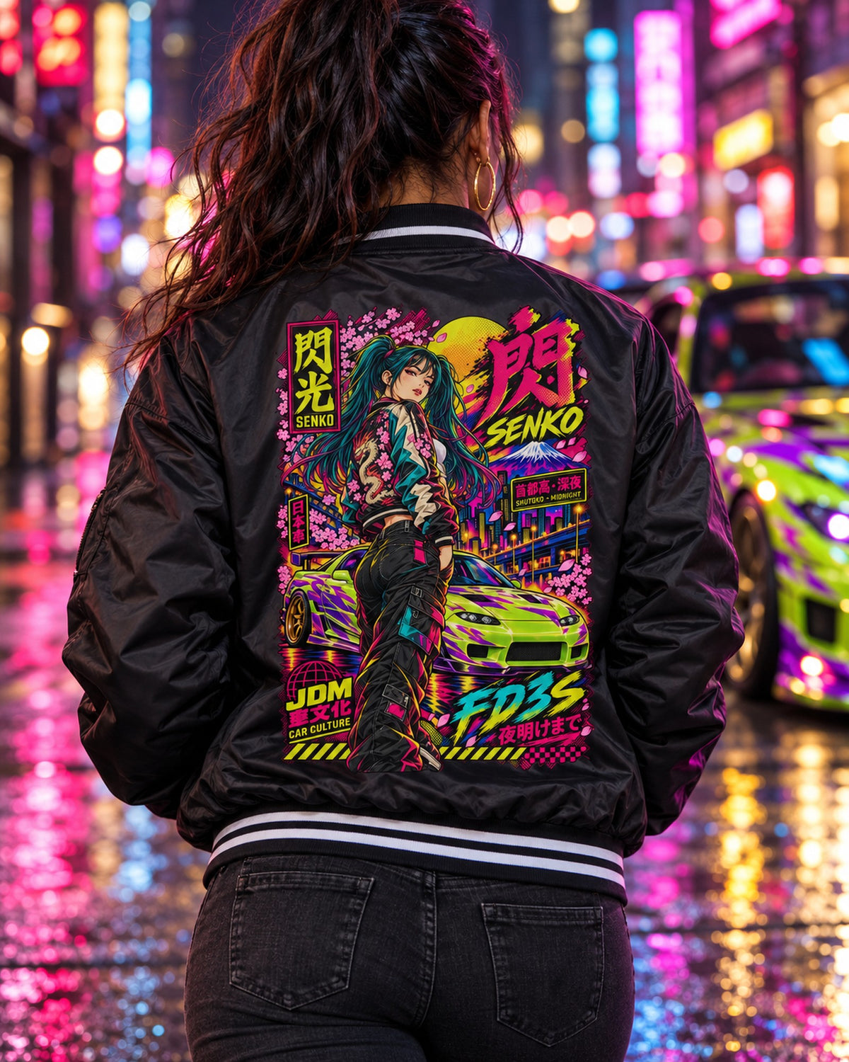 SENKO FD3S Anime Girl Full-Back Graphic Tee Bomber Jacket Black worn hero