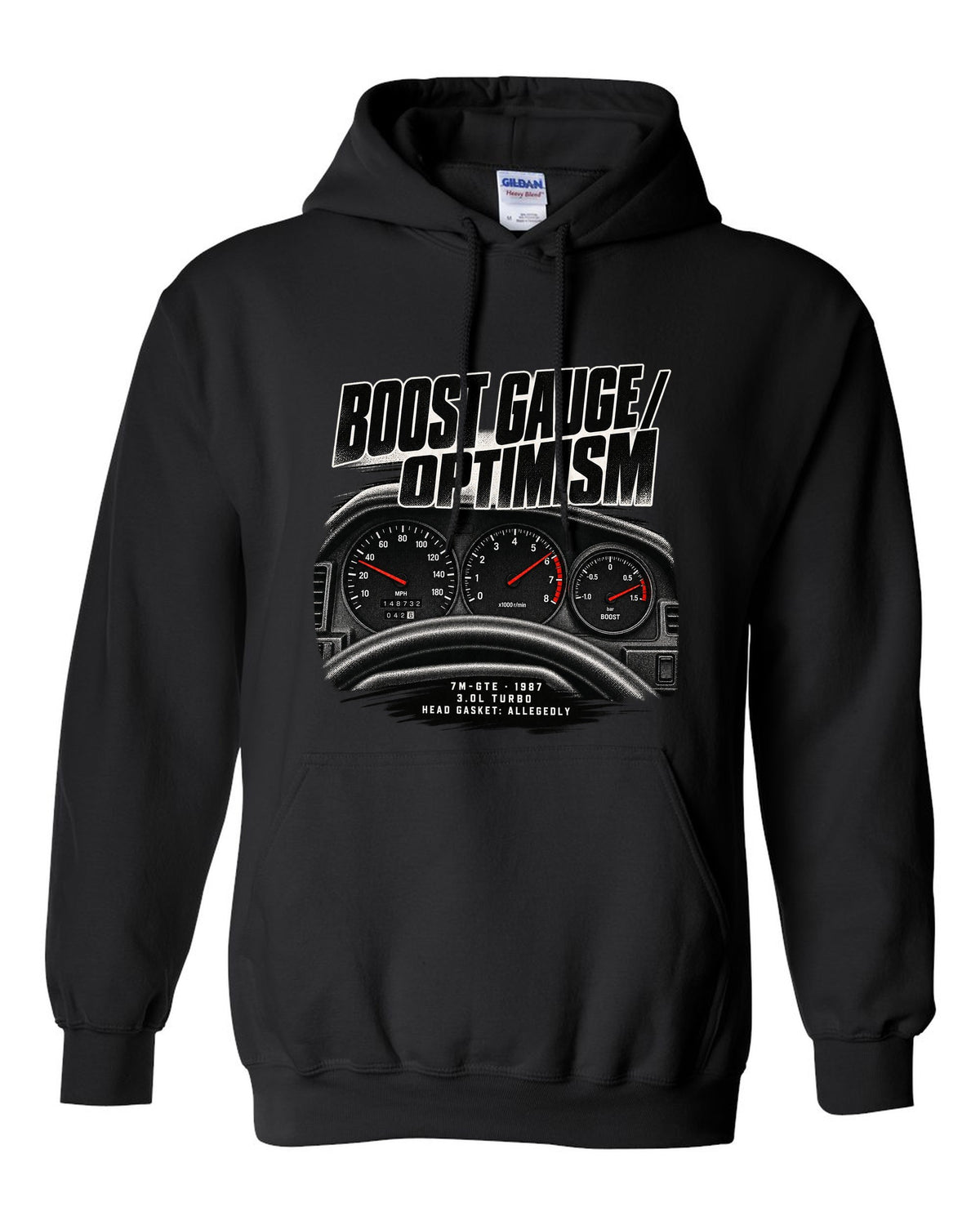 Cockpit gauge print for a Toyota Supra A70 MA70 with the text Boost Gauge Optimism 7M-GTE 1987 black pull over hoodie front view with the design